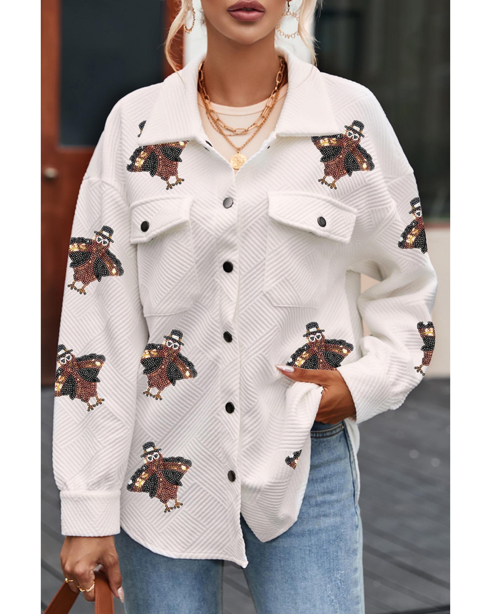 Beige Sequin Turkey Patched Graphic Flap Pocket Textured Shacket - XL