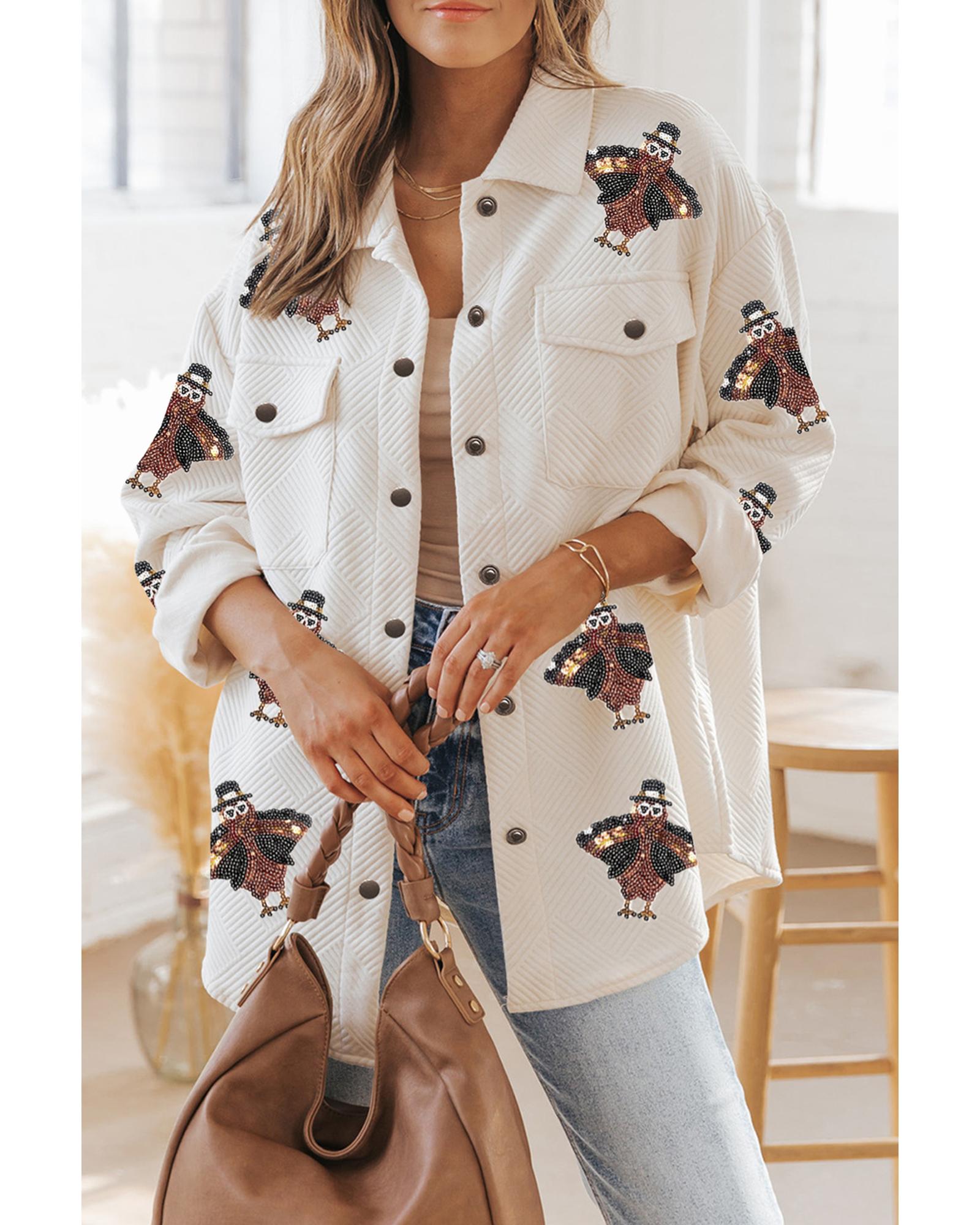 Beige Sequin Turkey Patched Graphic Flap Pocket Textured Shacket - XL