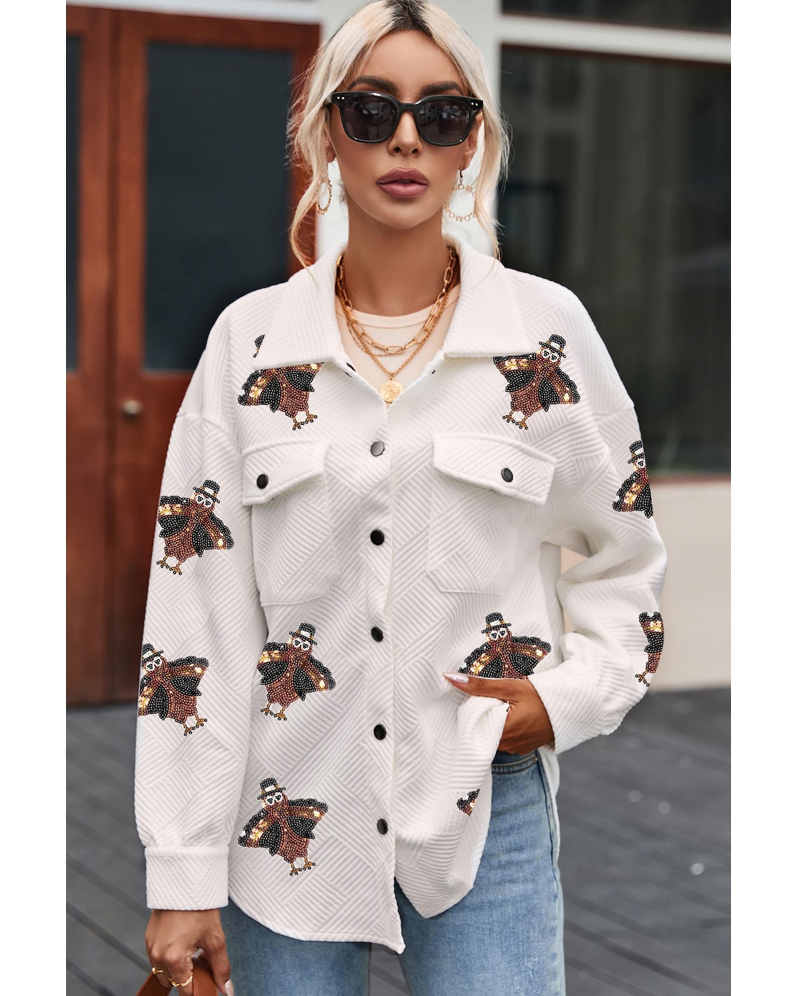 Beige Sequin Turkey Patched Graphic Flap Pocket Textured Shacket - XL