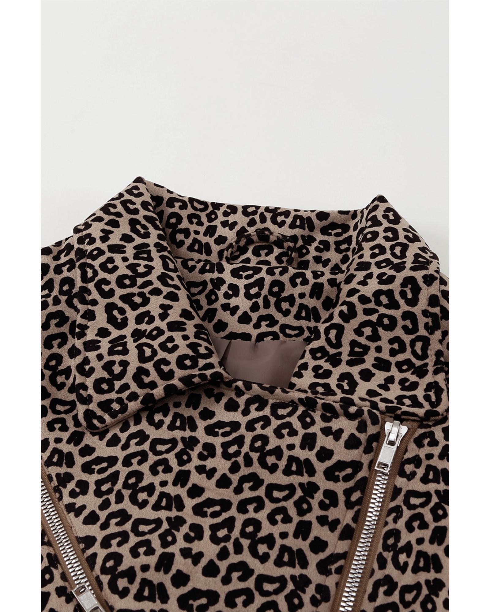 Leopard Zipped Notch Collar Short Jacket - L