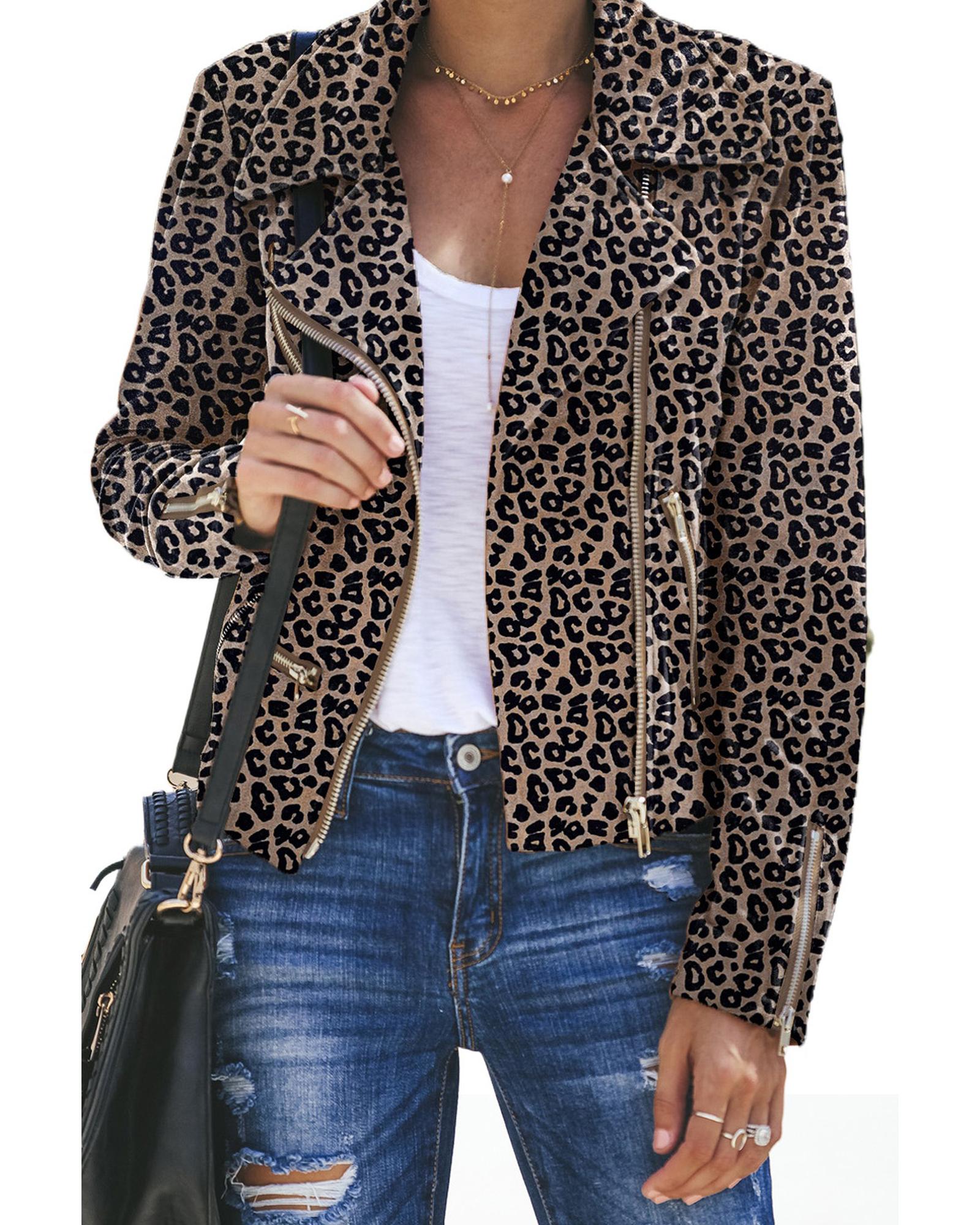 Leopard Zipped Notch Collar Short Jacket - L
