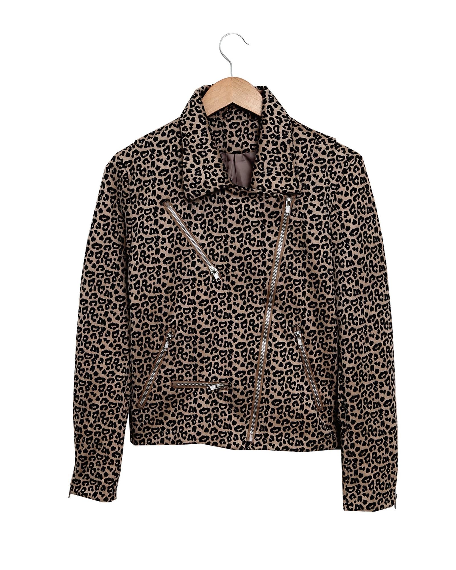 Leopard Zipped Notch Collar Short Jacket - XL
