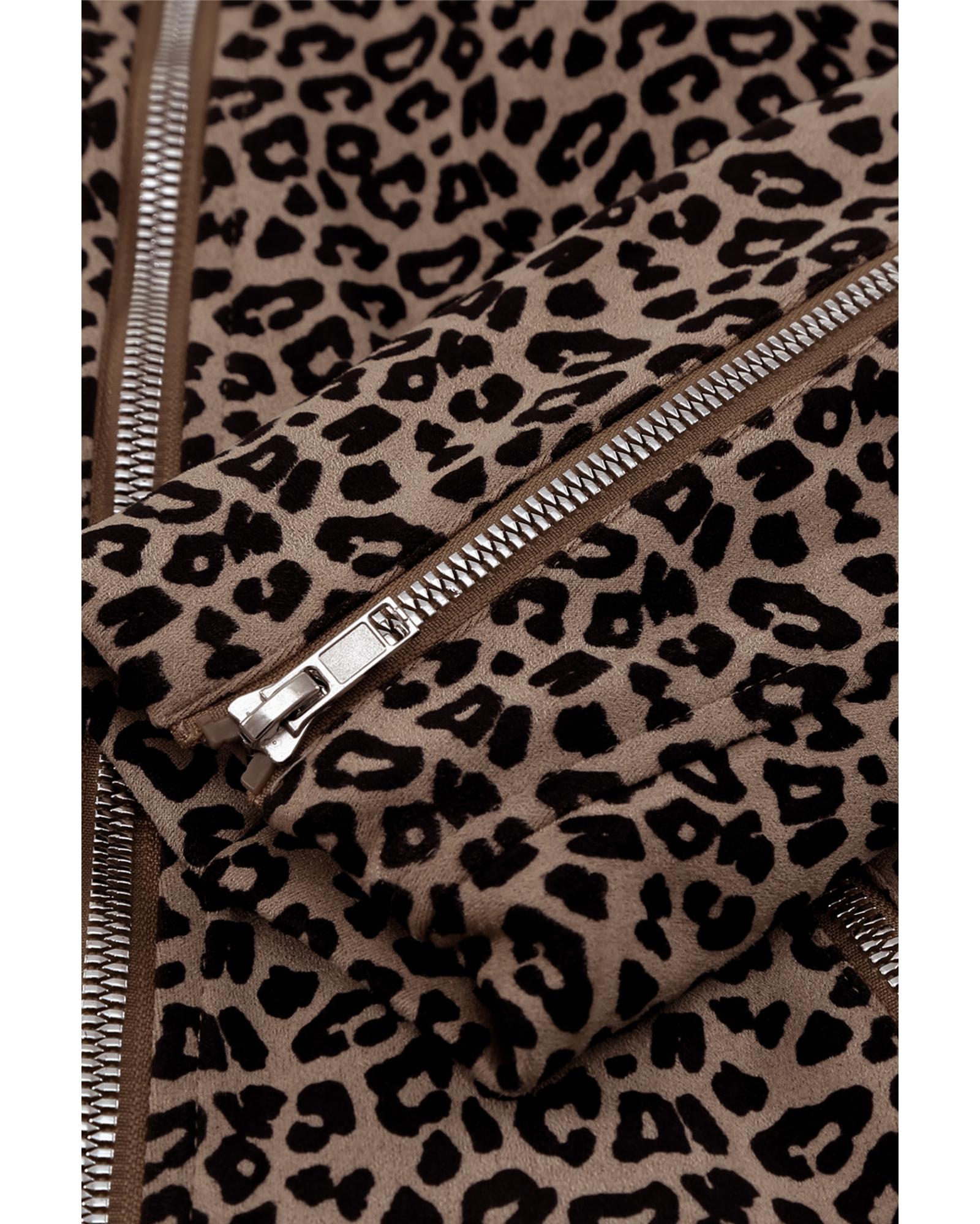 Leopard Zipped Notch Collar Short Jacket - XL