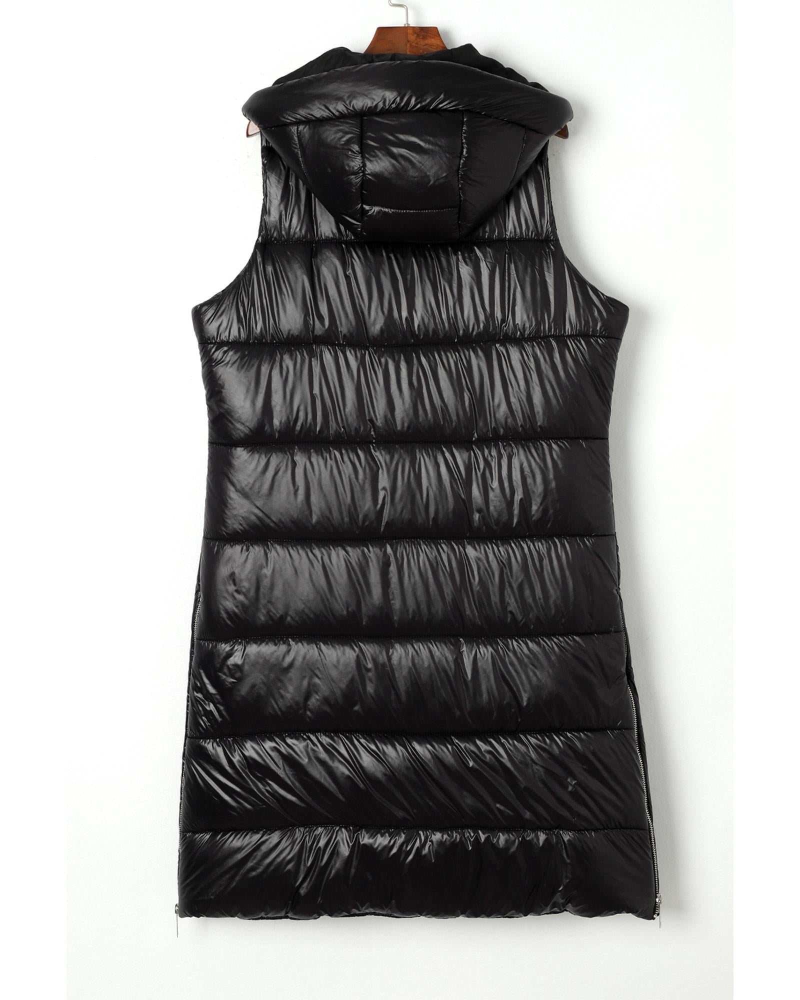 Black Hooded Long Quilted Vest Coat - L