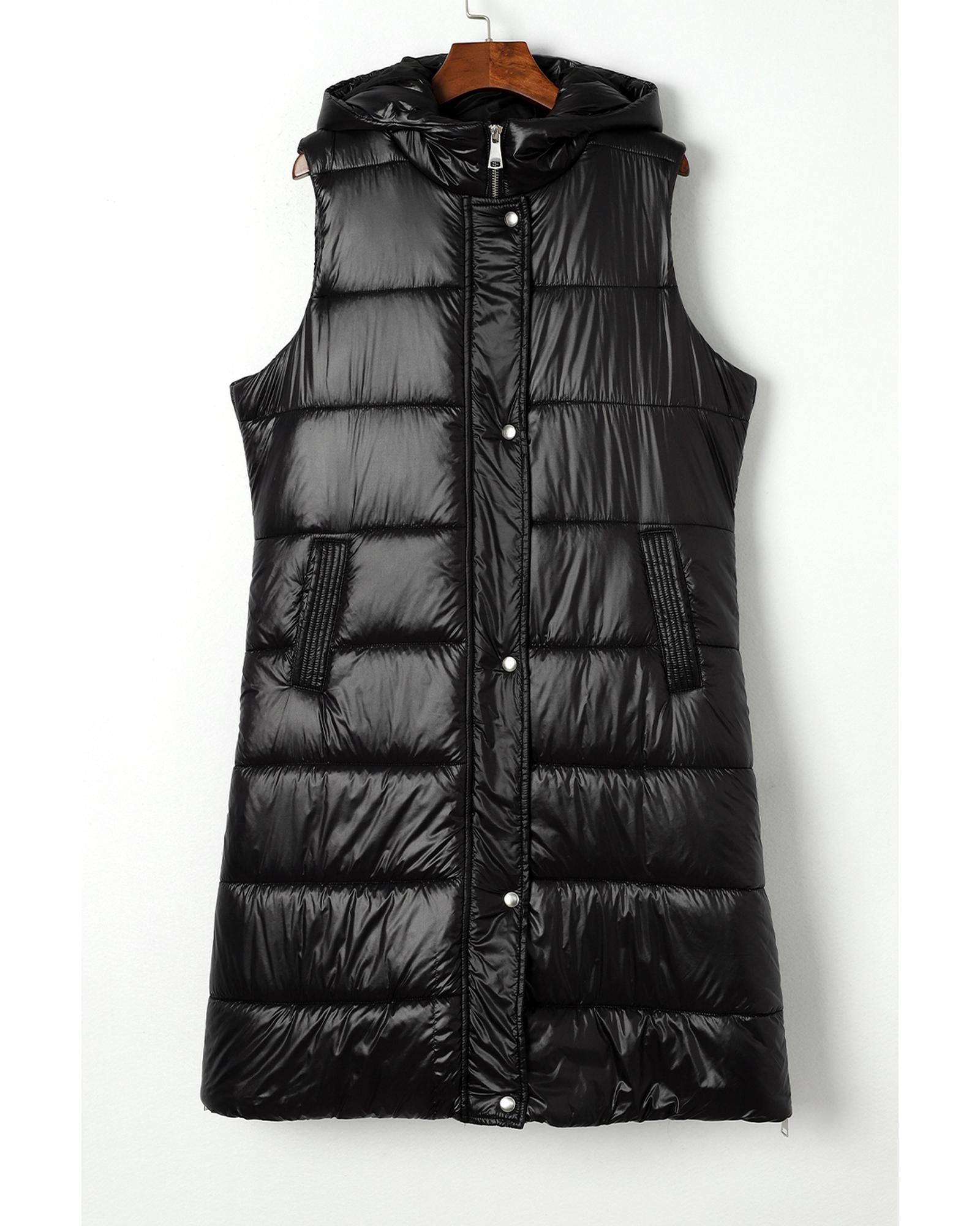 Black Hooded Long Quilted Vest Coat - L