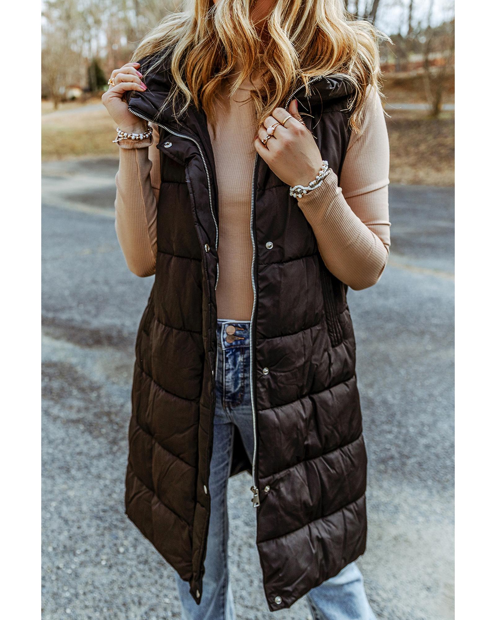Black Hooded Long Quilted Vest Coat - L