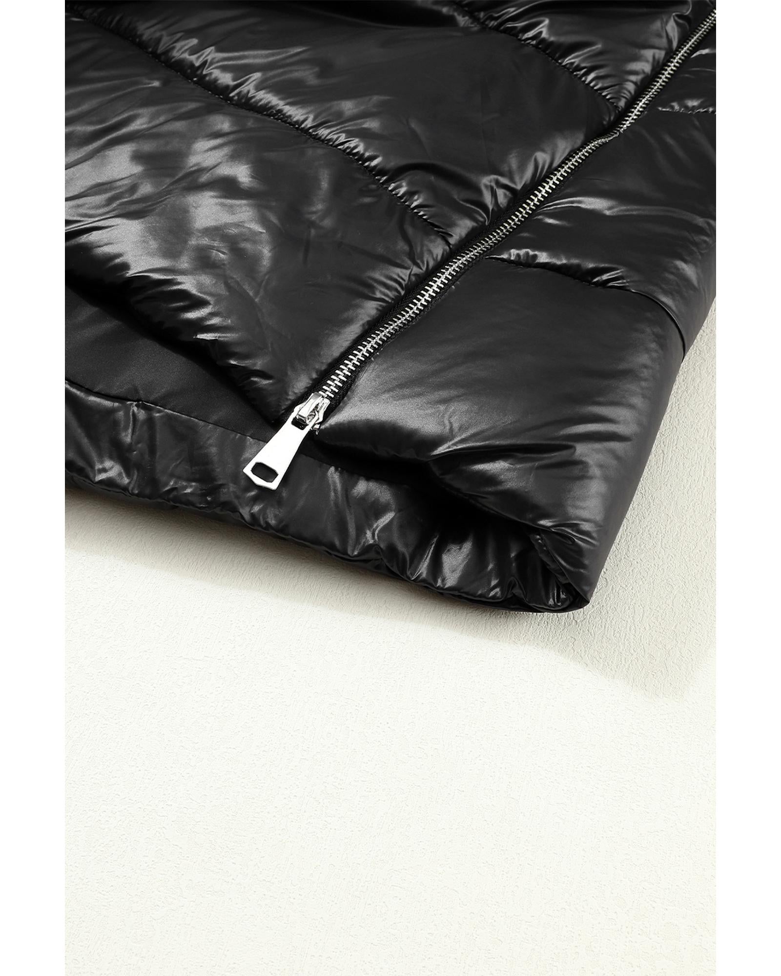 Black Hooded Long Quilted Vest Coat - M