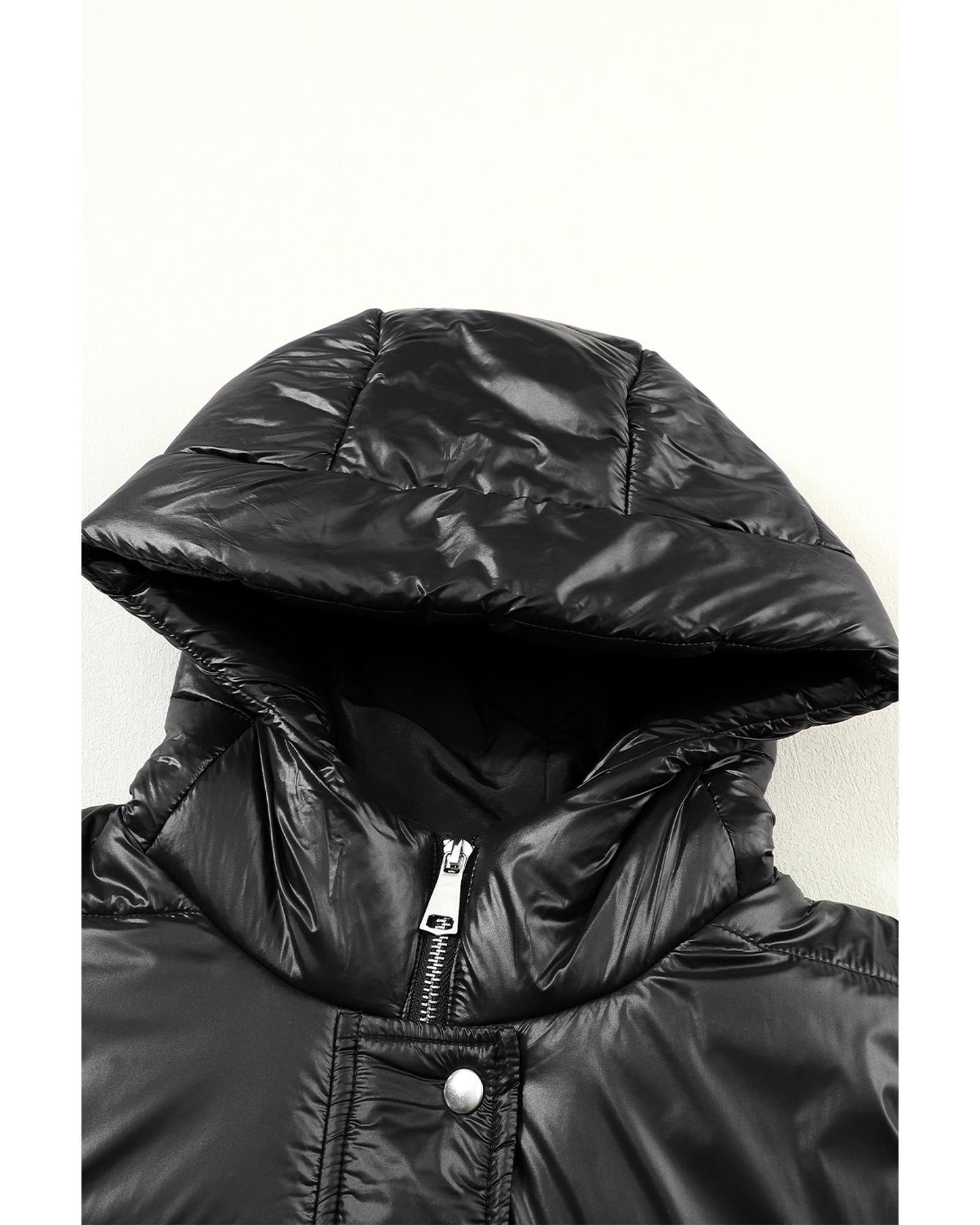 Black Hooded Long Quilted Vest Coat - M