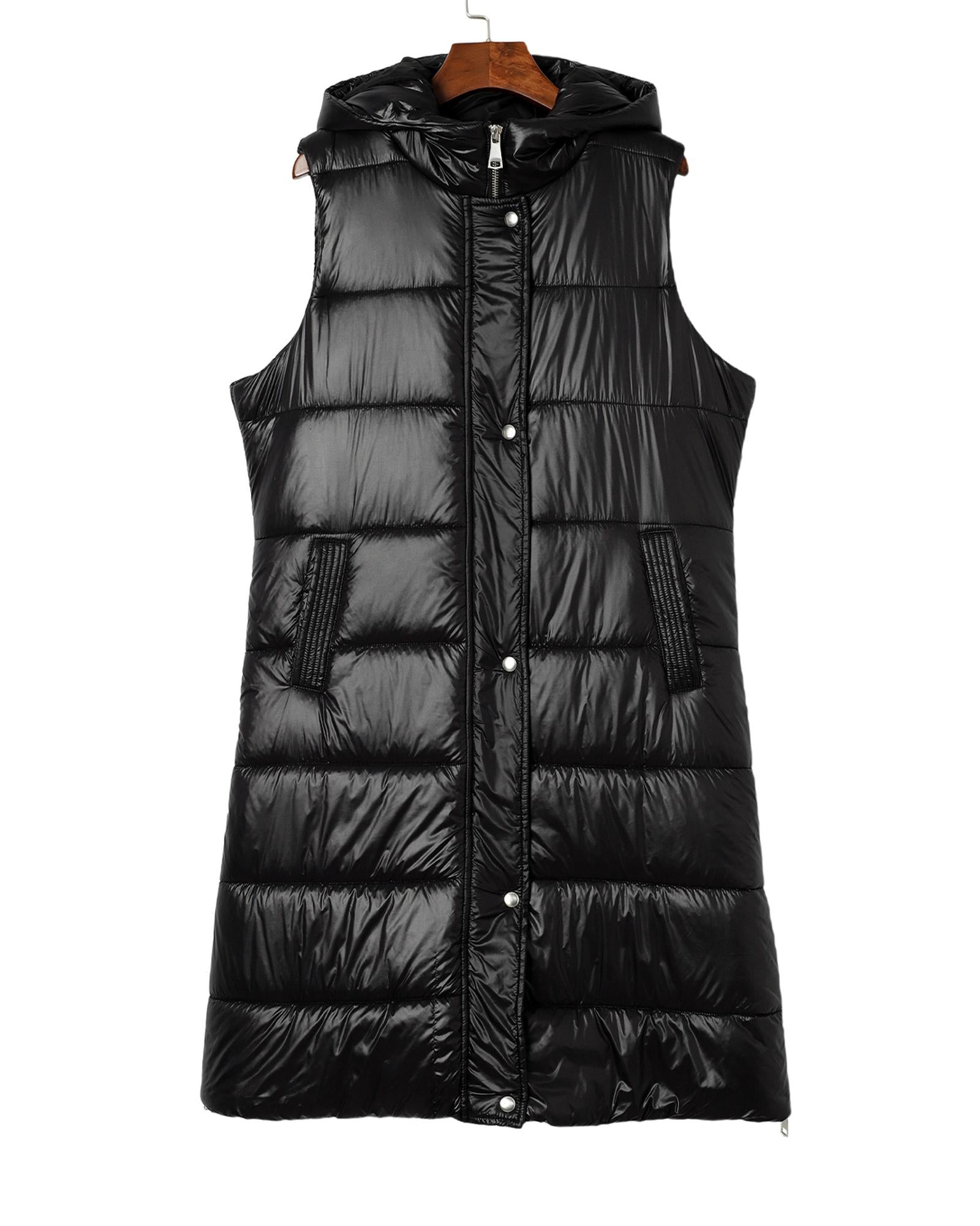 Black Hooded Long Quilted Vest Coat - M