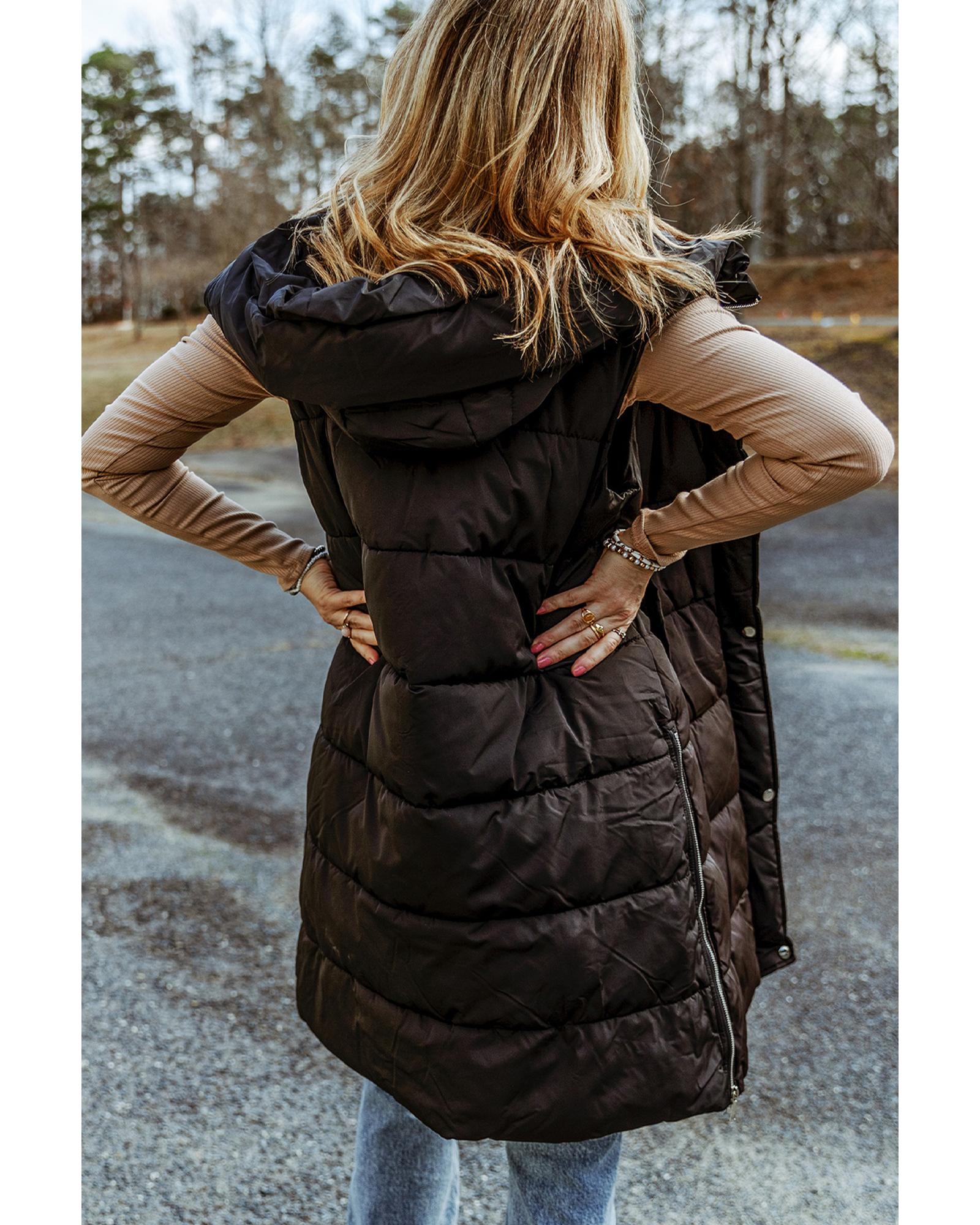 Black Hooded Long Quilted Vest Coat - M