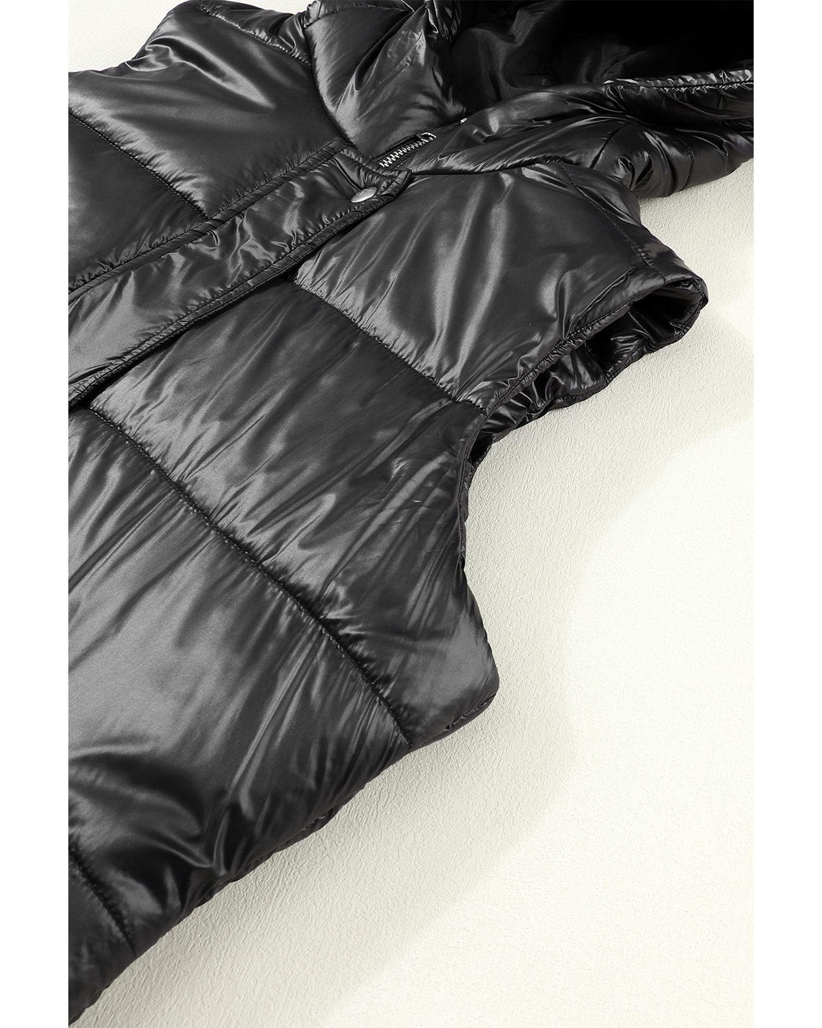 Black Hooded Long Quilted Vest Coat - XL