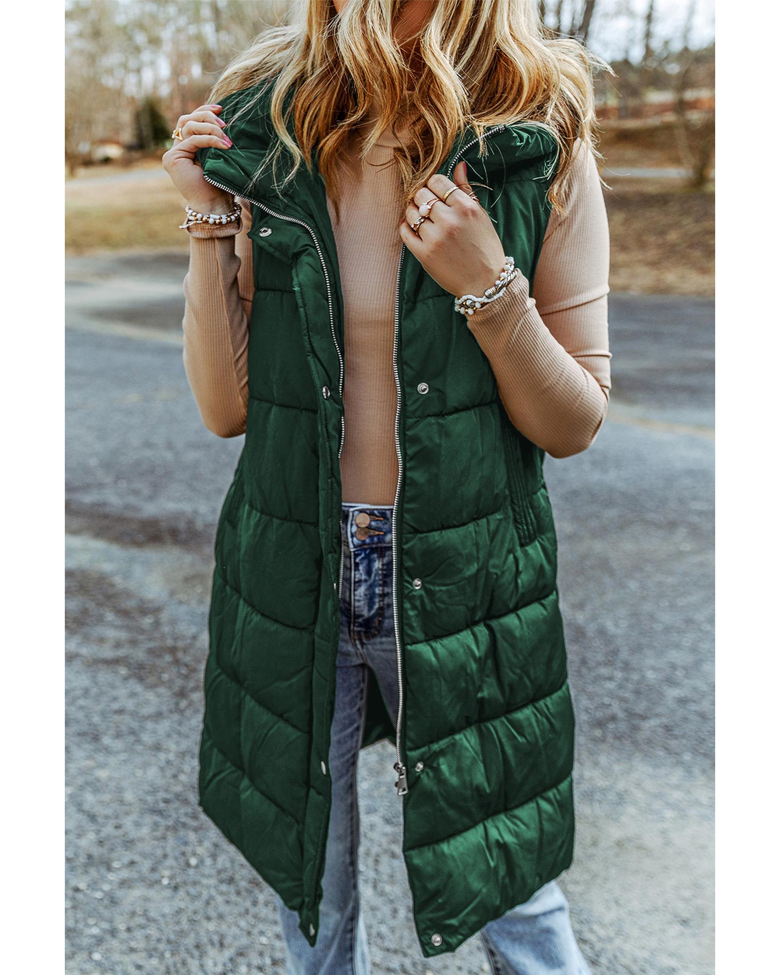 Green Hooded Long Quilted Vest Coat - M
