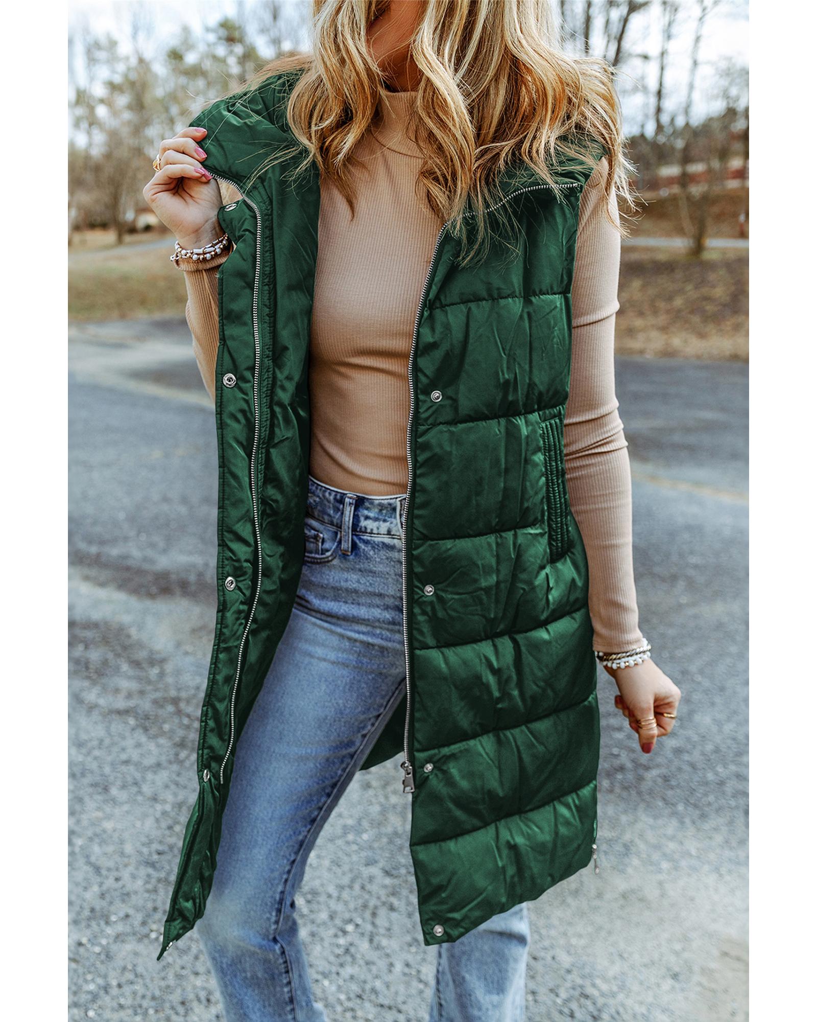 Green Hooded Long Quilted Vest Coat - XL