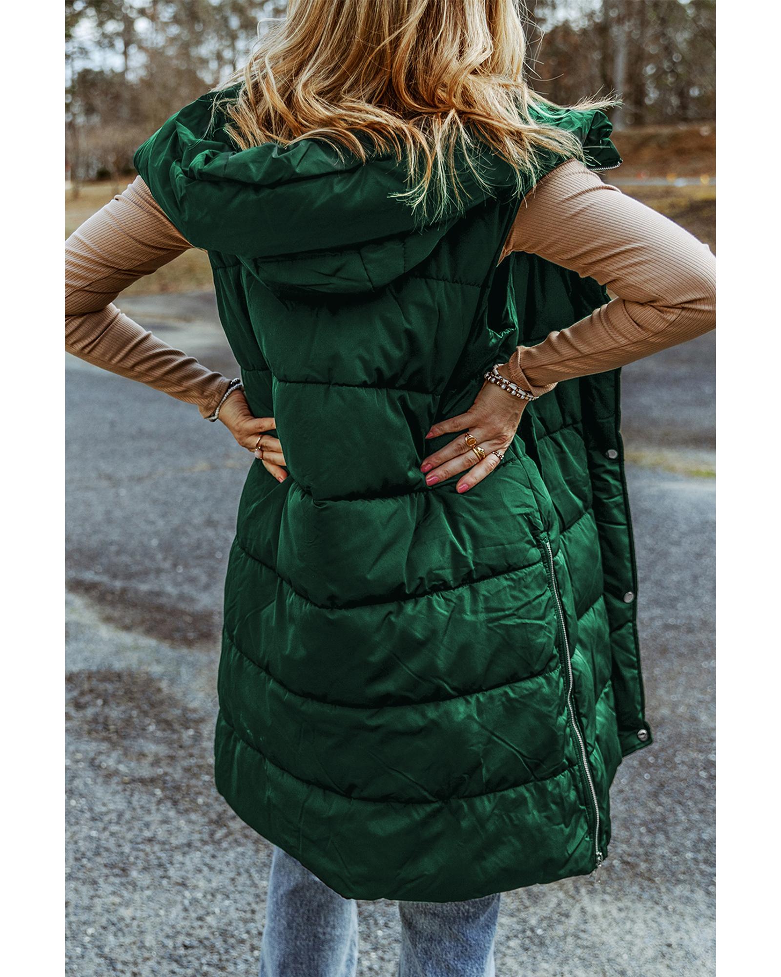 Green Hooded Long Quilted Vest Coat - XL