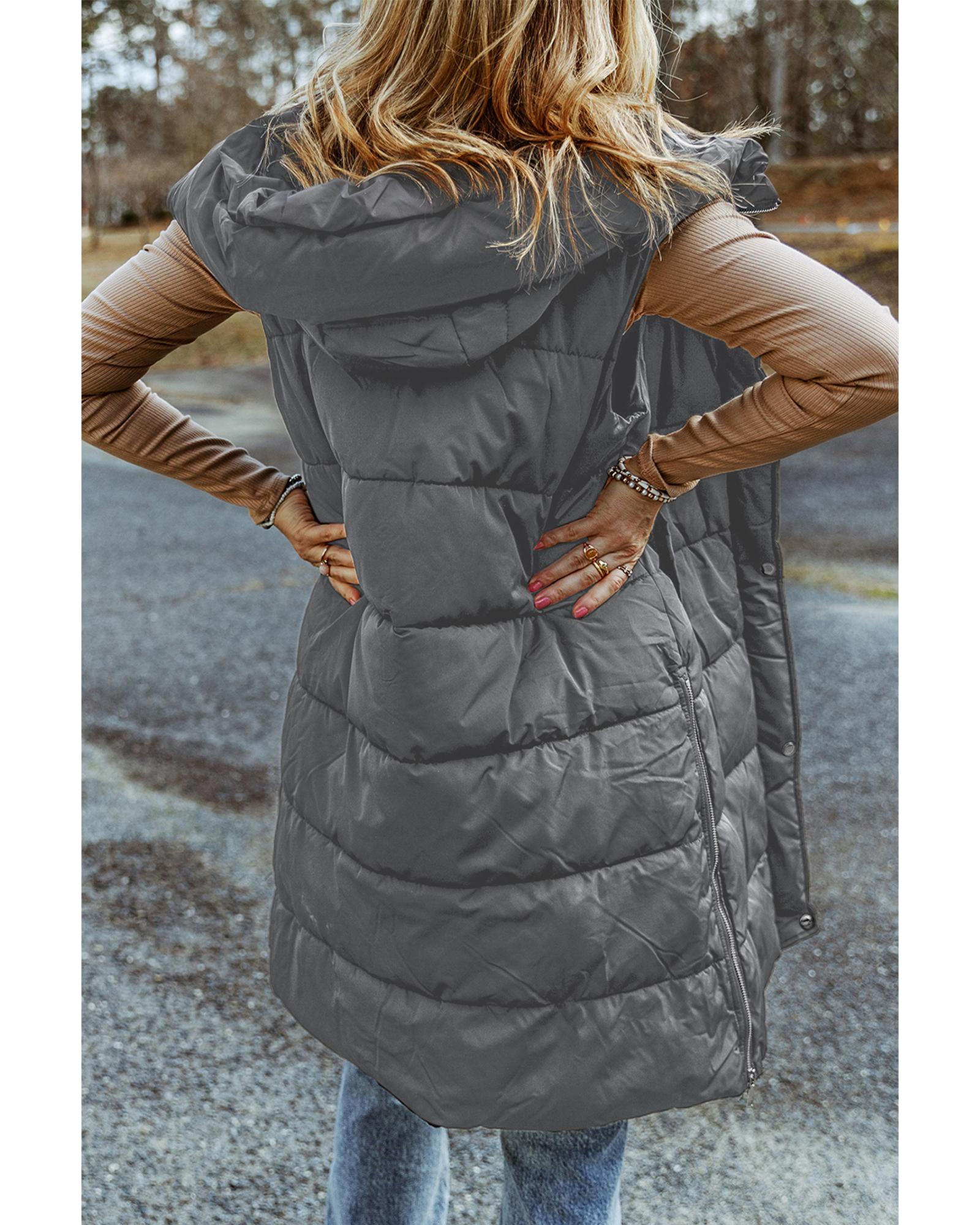Dark Grey Hooded Long Quilted Vest Coat - L