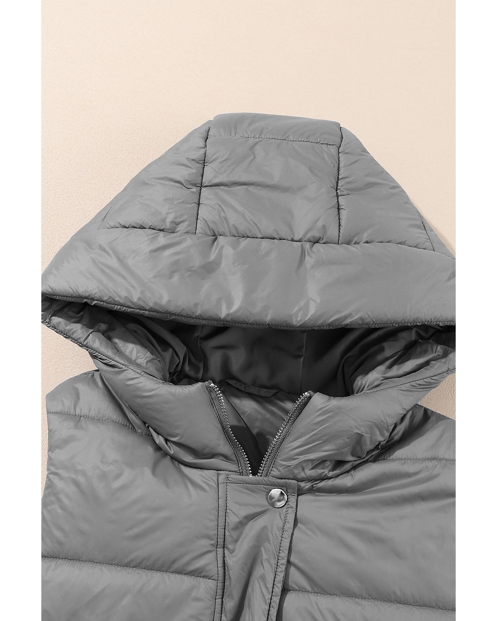 Dark Grey Hooded Long Quilted Vest Coat - L