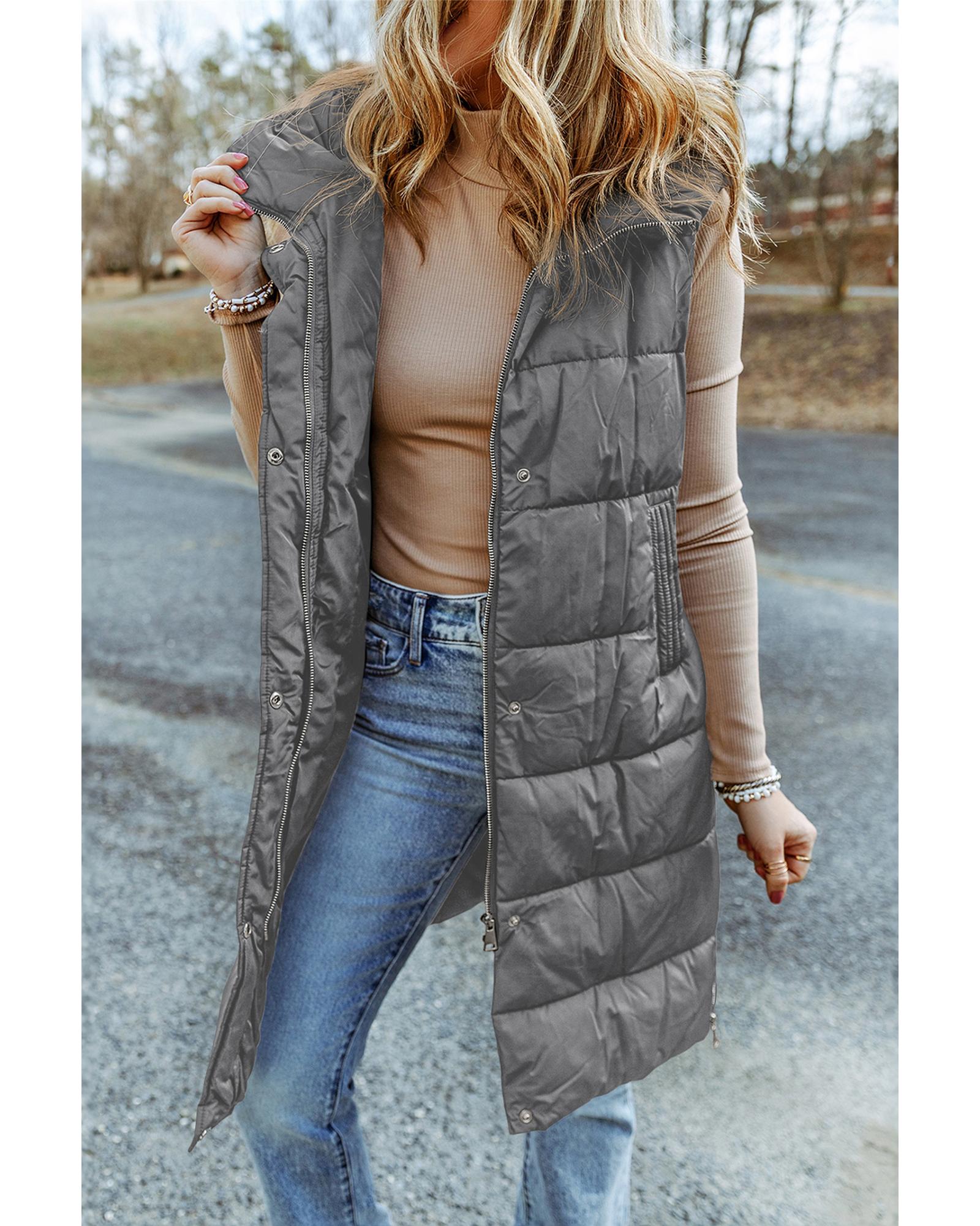 Dark Grey Hooded Long Quilted Vest Coat - S