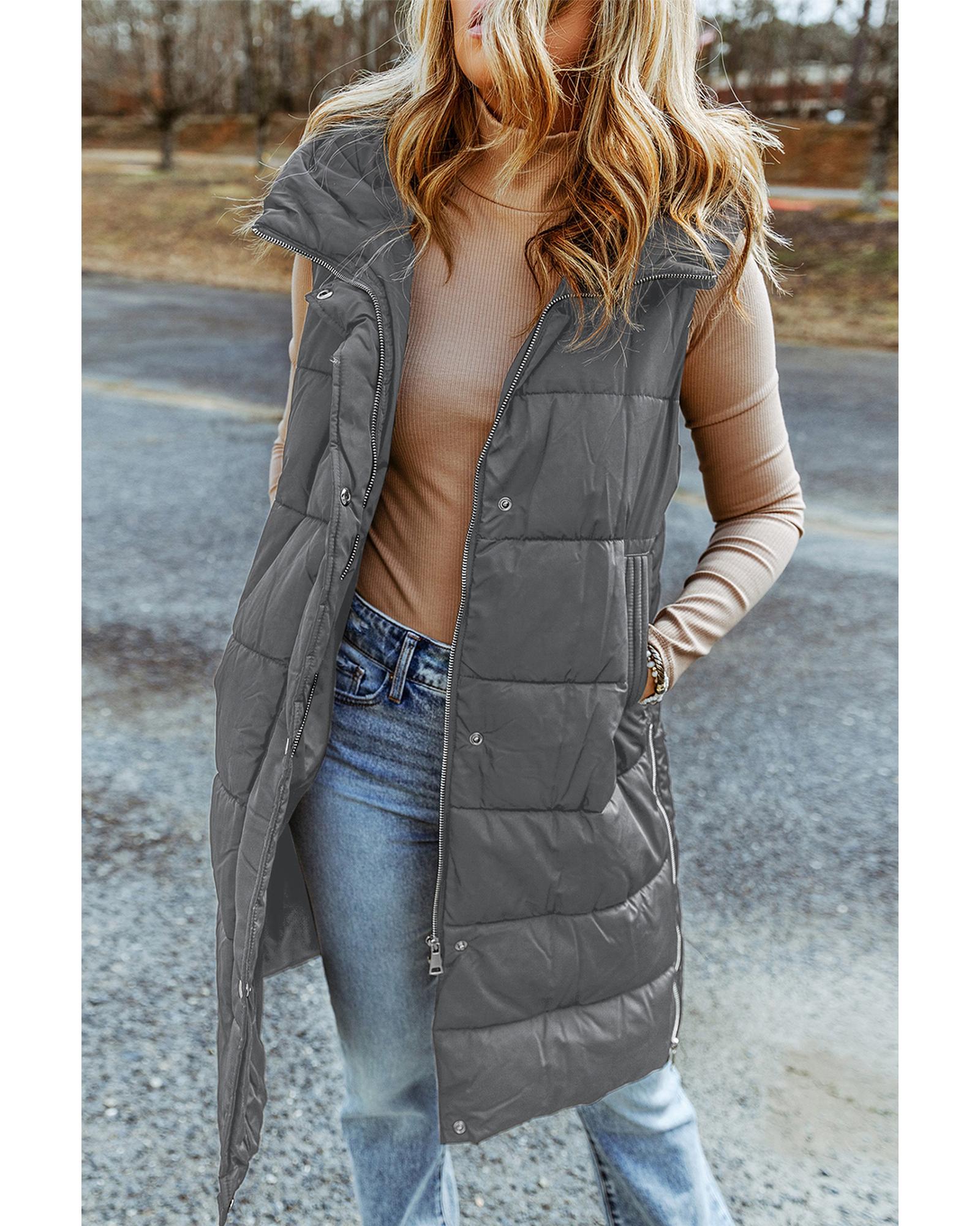 Dark Grey Hooded Long Quilted Vest Coat - XL
