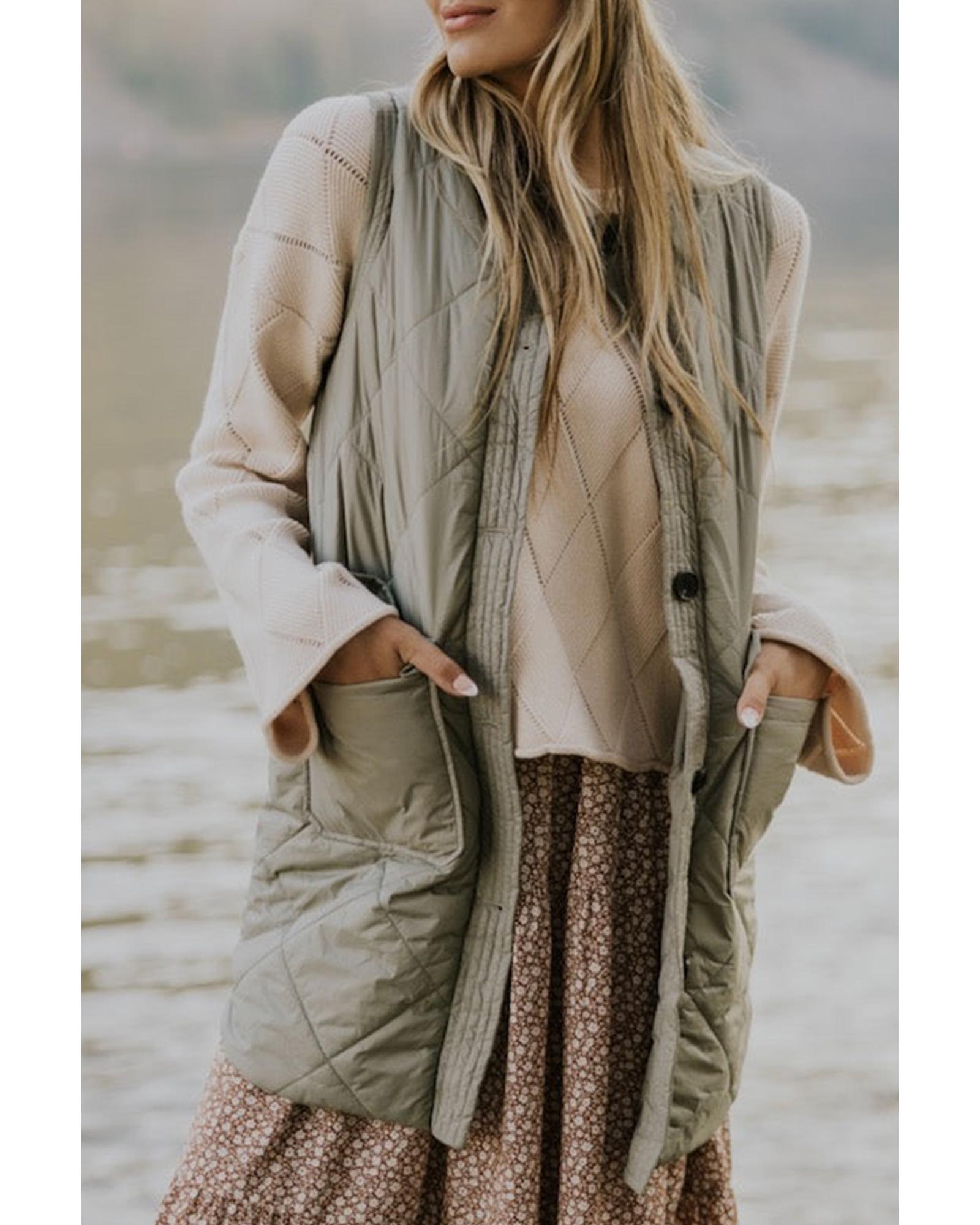 Grass Green Quilted Long Vest Jacket with Pockets - S