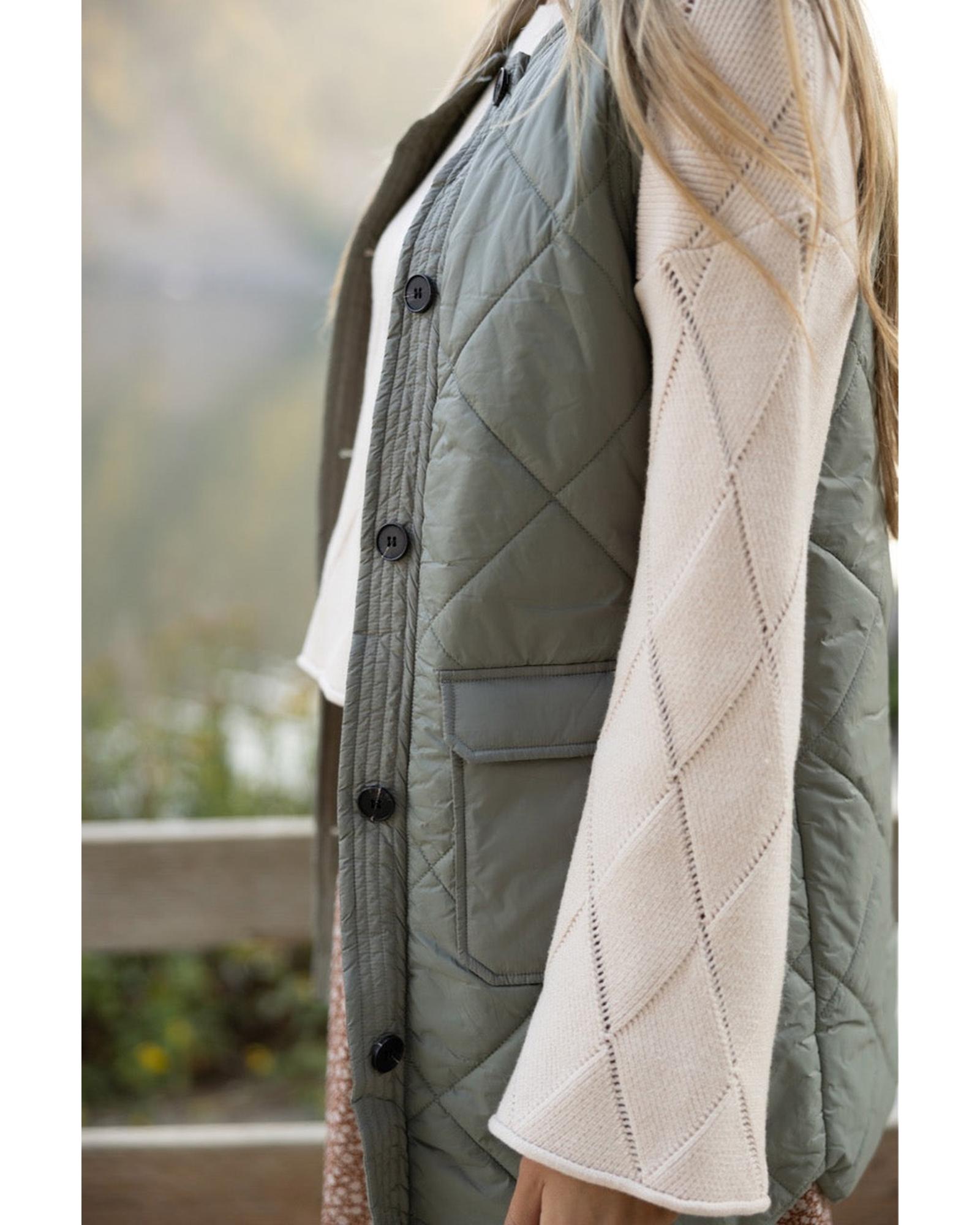 Grass Green Quilted Long Vest Jacket with Pockets - S
