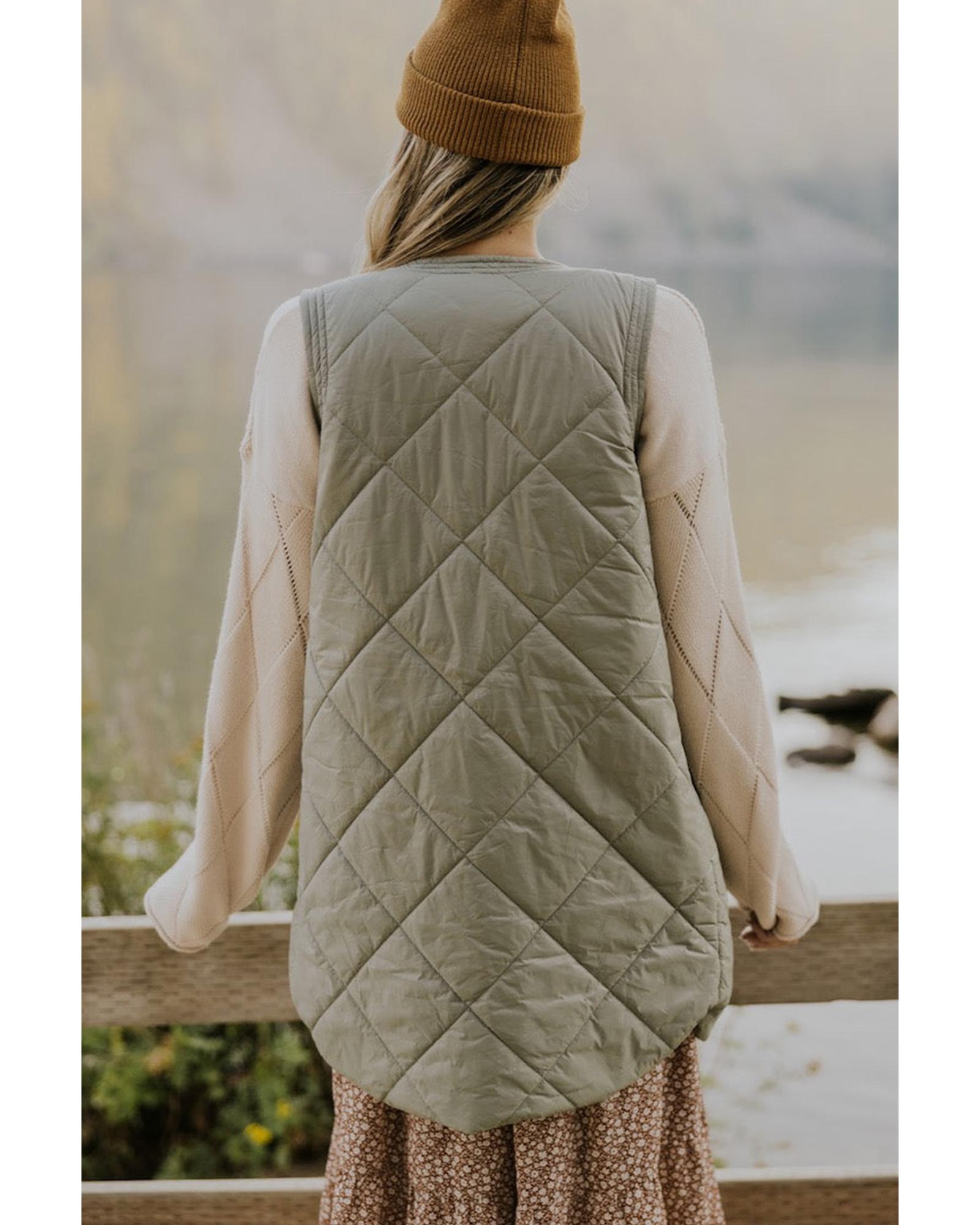 Grass Green Quilted Long Vest Jacket with Pockets - S