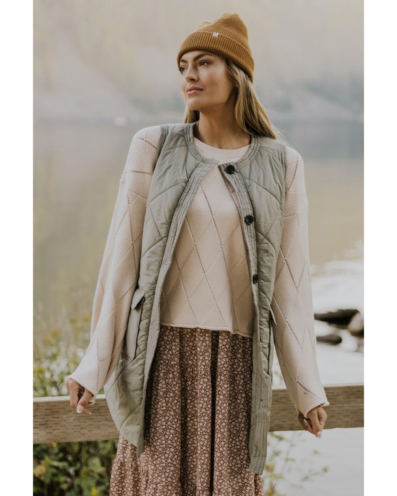 Grass Green Quilted Long Vest Jacket with Pockets - S