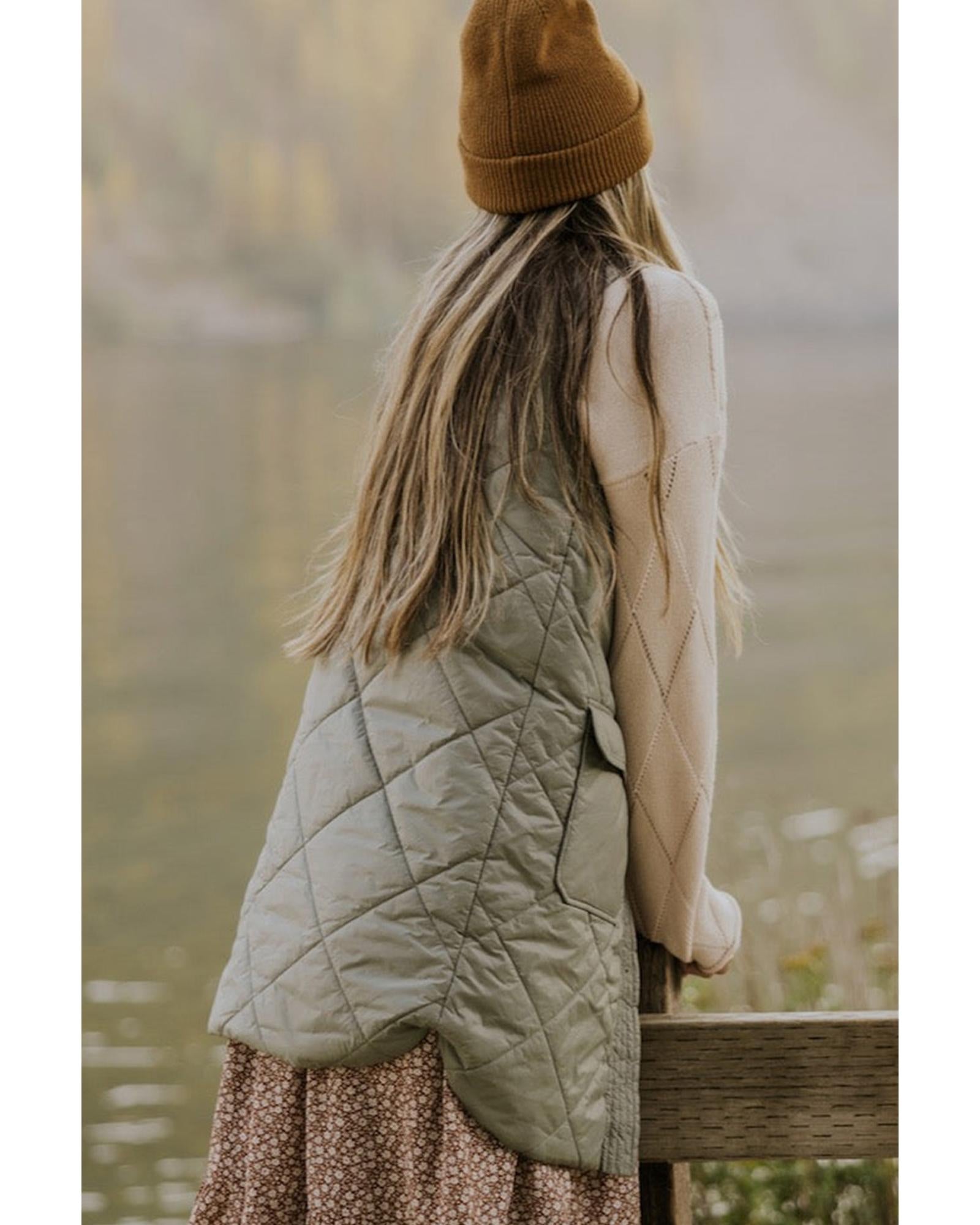 Grass Green Quilted Long Vest Jacket with Pockets - S