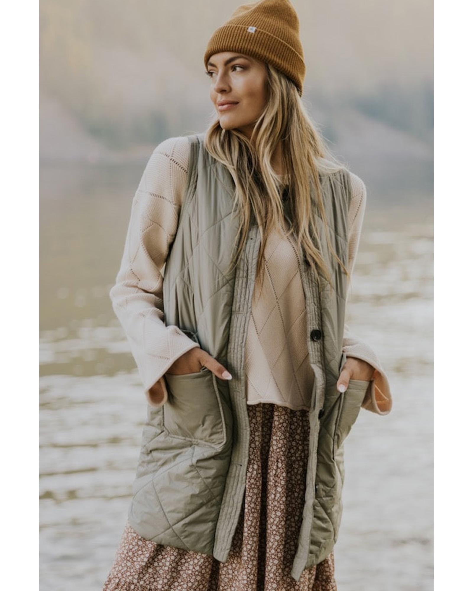 Grass Green Quilted Long Vest Jacket with Pockets - S