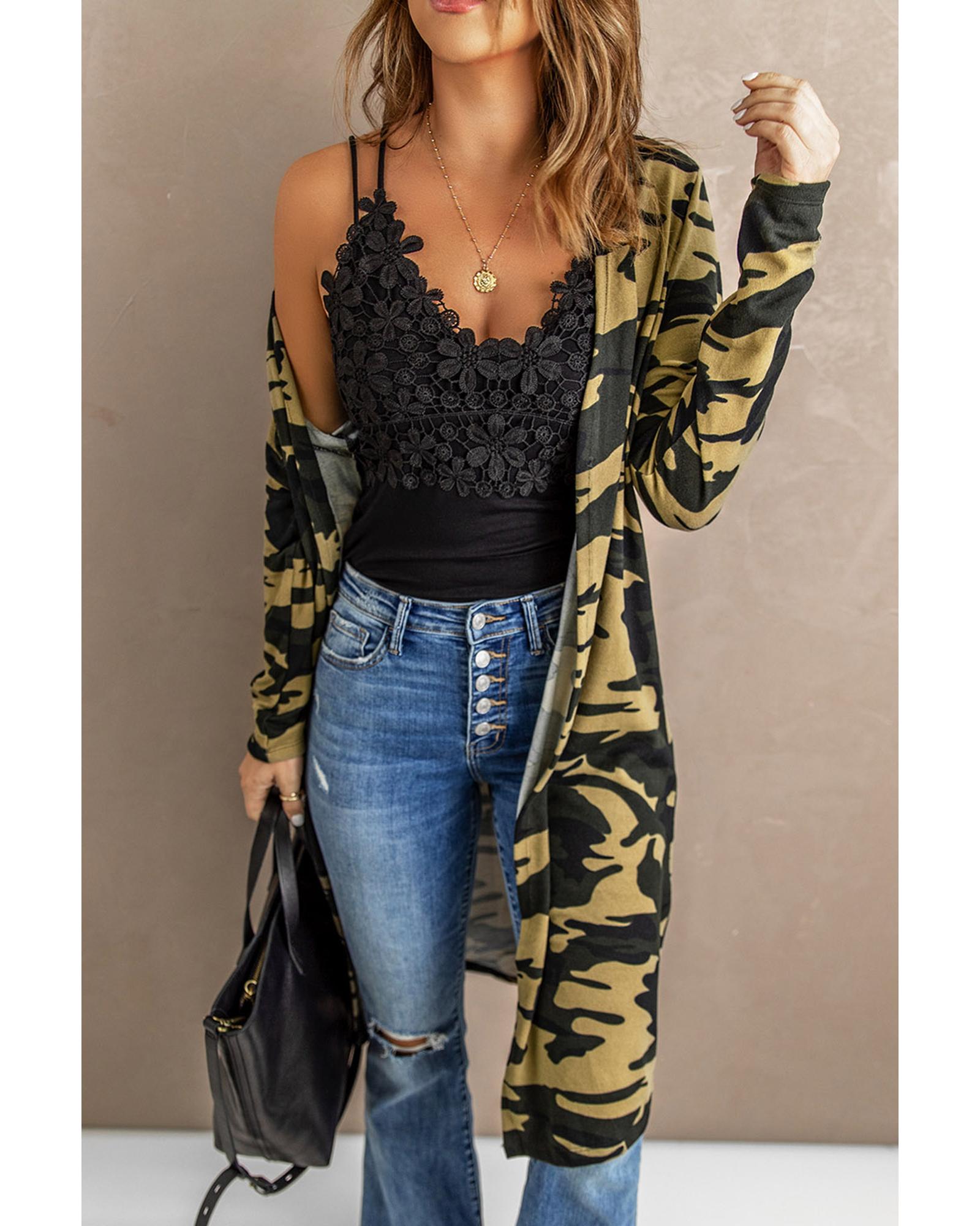 Green Camo Print Long Cardigan - L