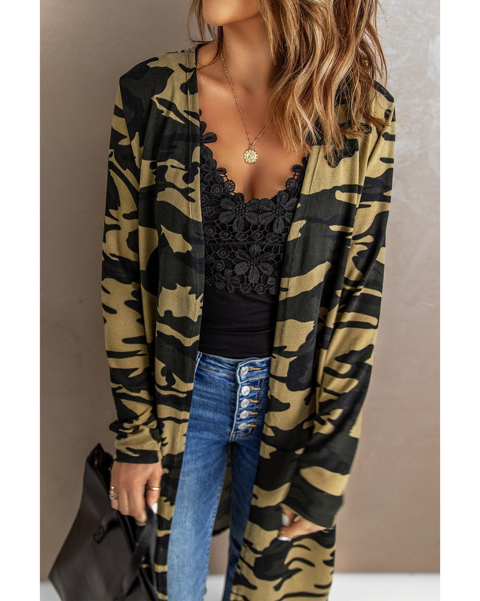 Green Camo Print Long Cardigan - M