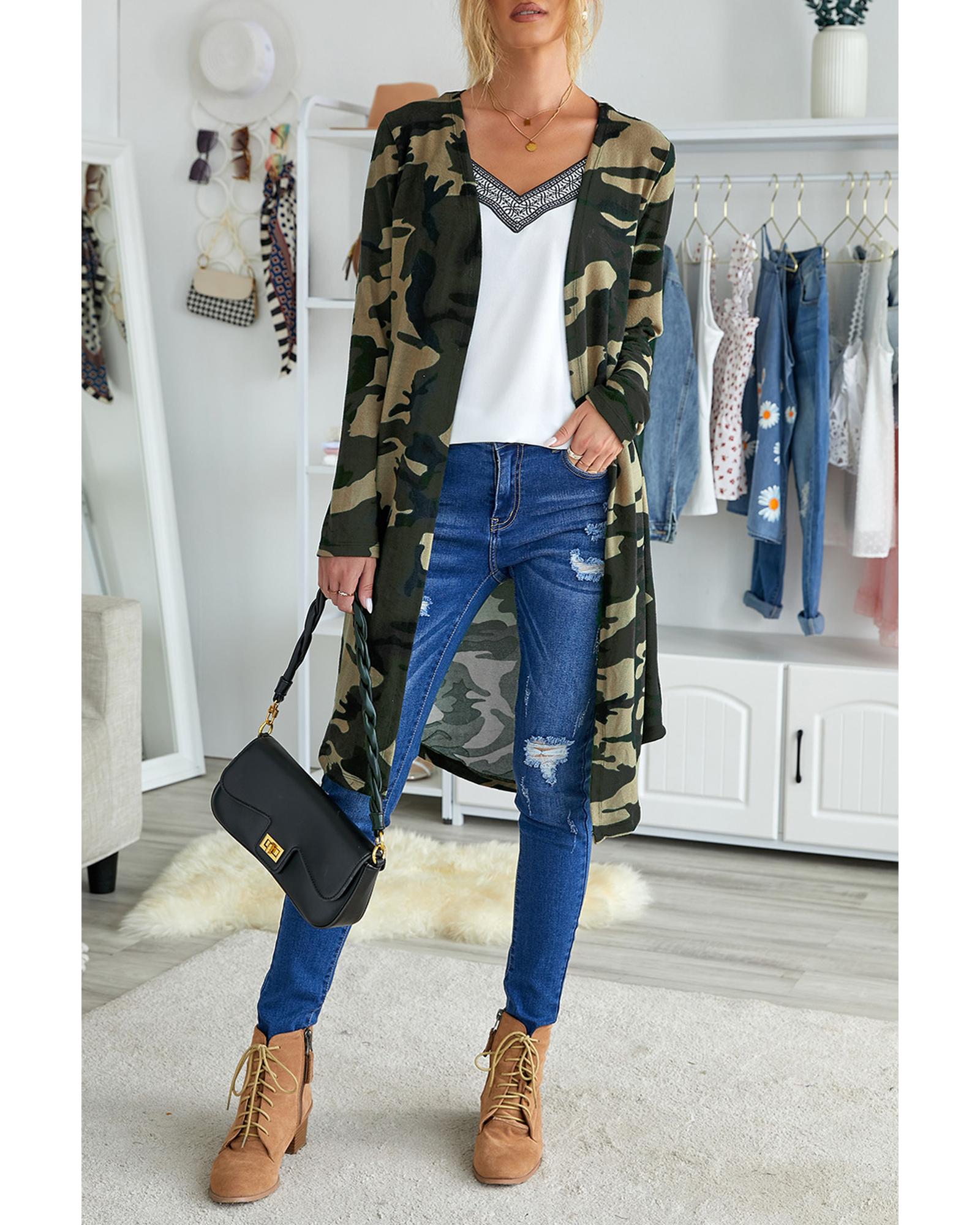 Green Camo Print Long Cardigan - M
