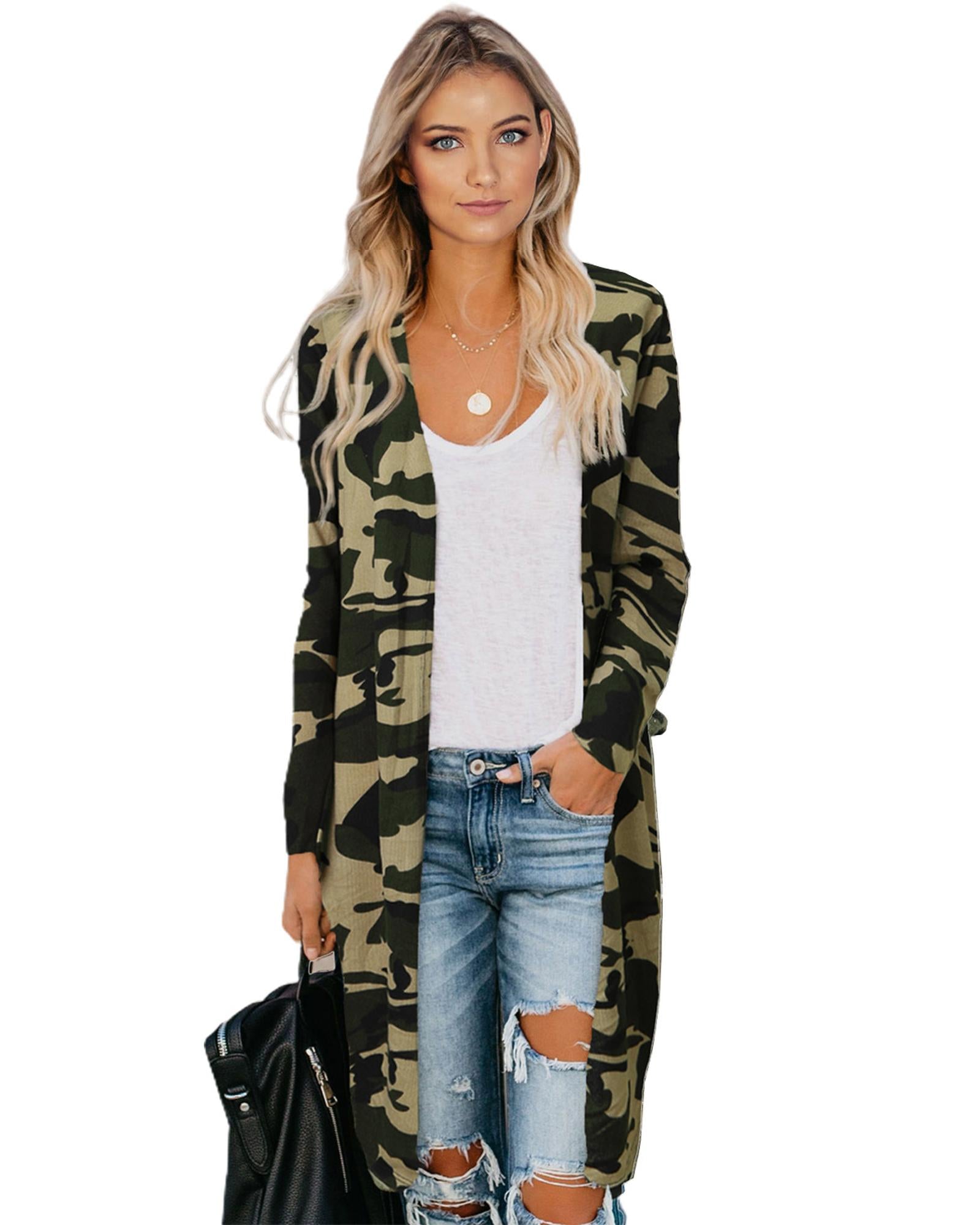 Green Camo Print Long Cardigan - M
