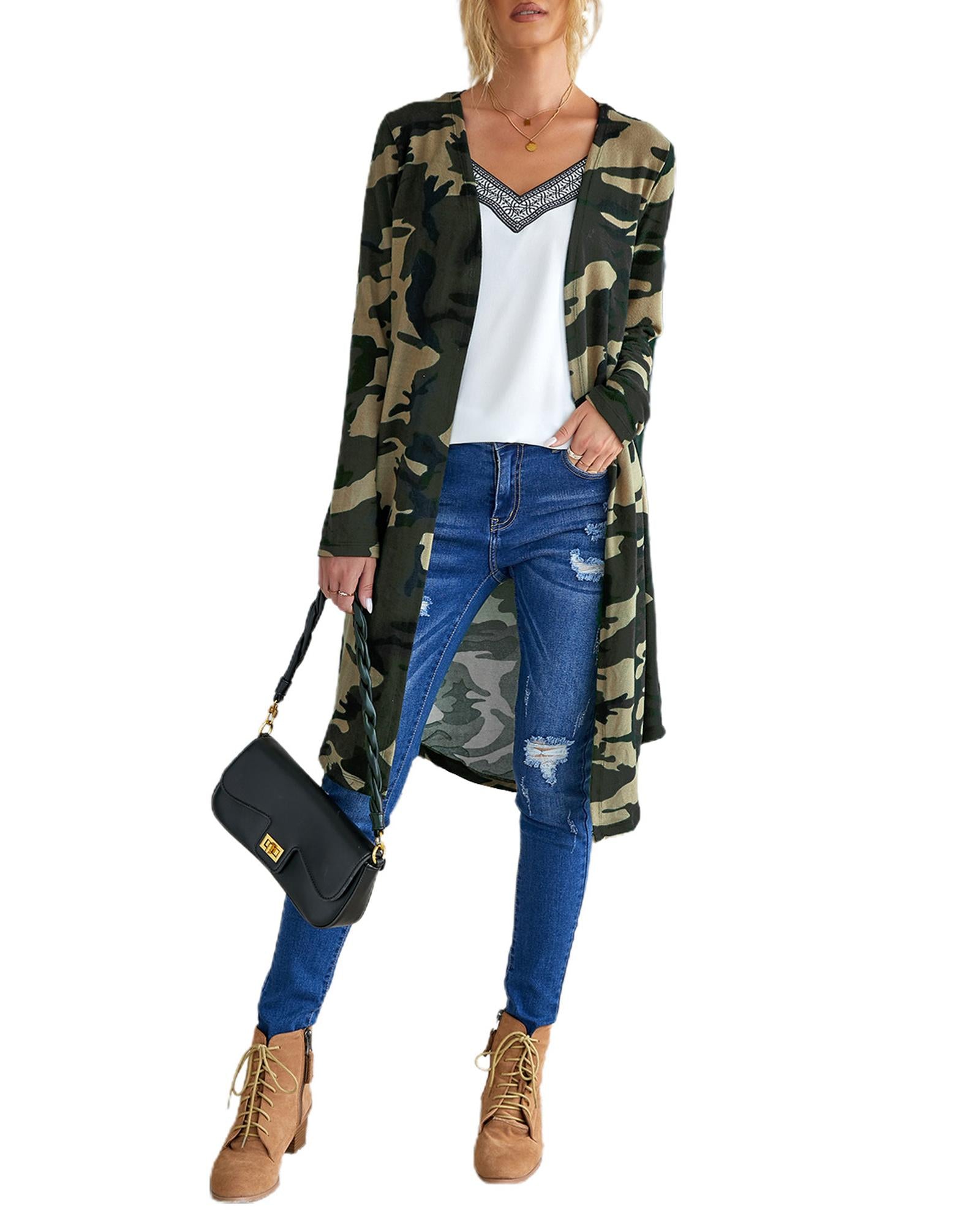 Green Camo Print Long Cardigan - M