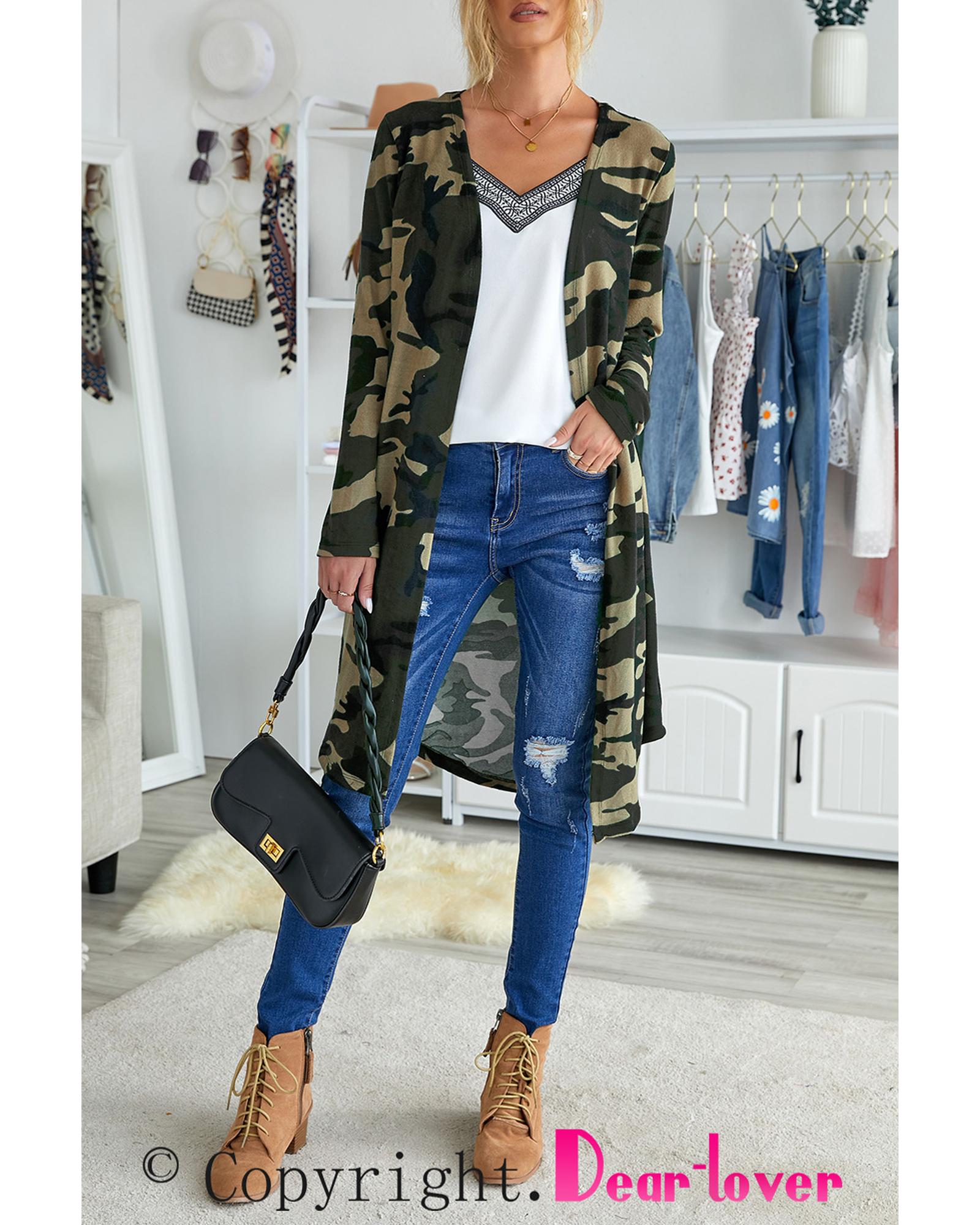 Green Camo Print Long Cardigan - M