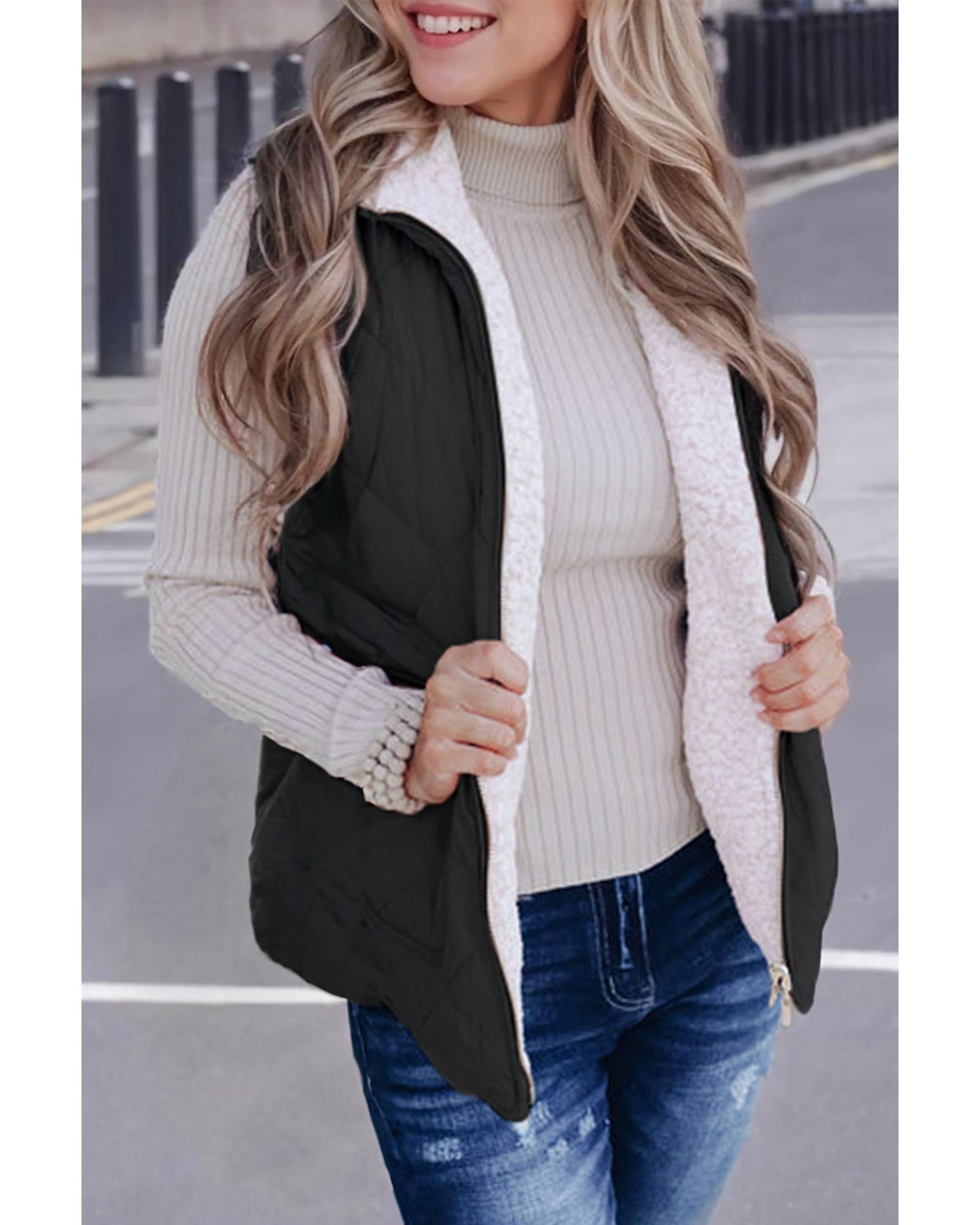 Black Fleece Lined Quilted Zip up Vest Coat - L