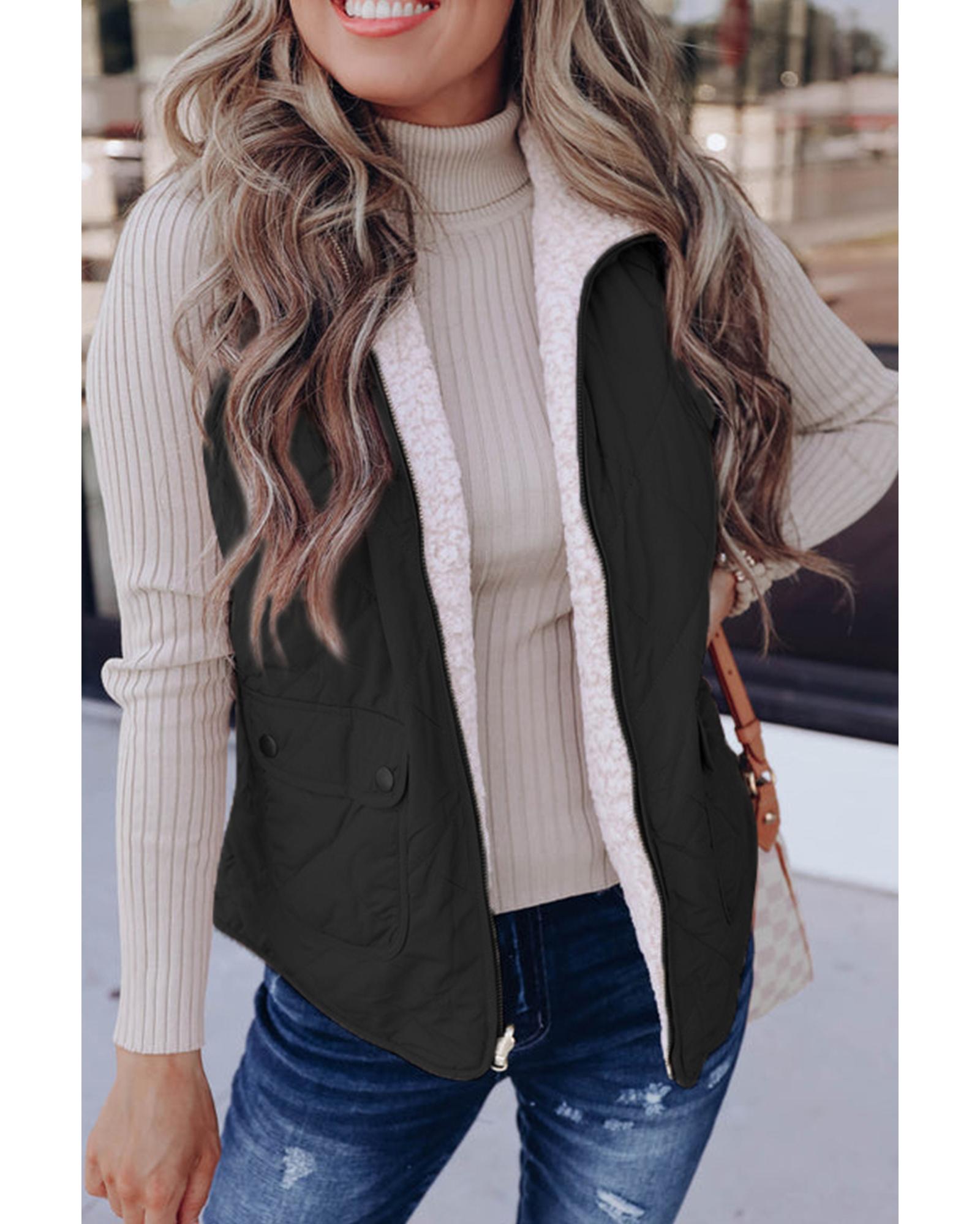 Black Fleece Lined Quilted Zip up Vest Coat - L