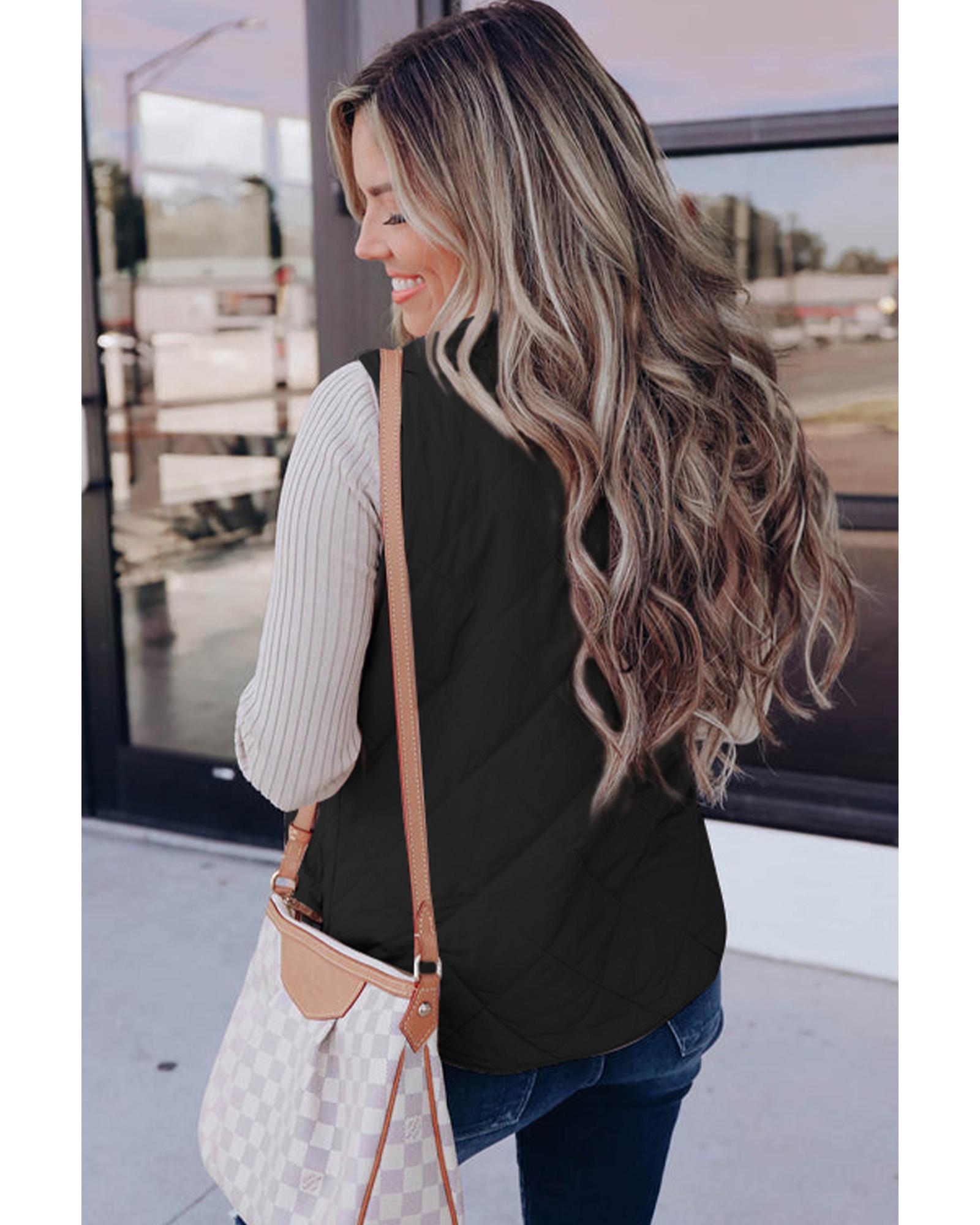 Black Fleece Lined Quilted Zip up Vest Coat - XL