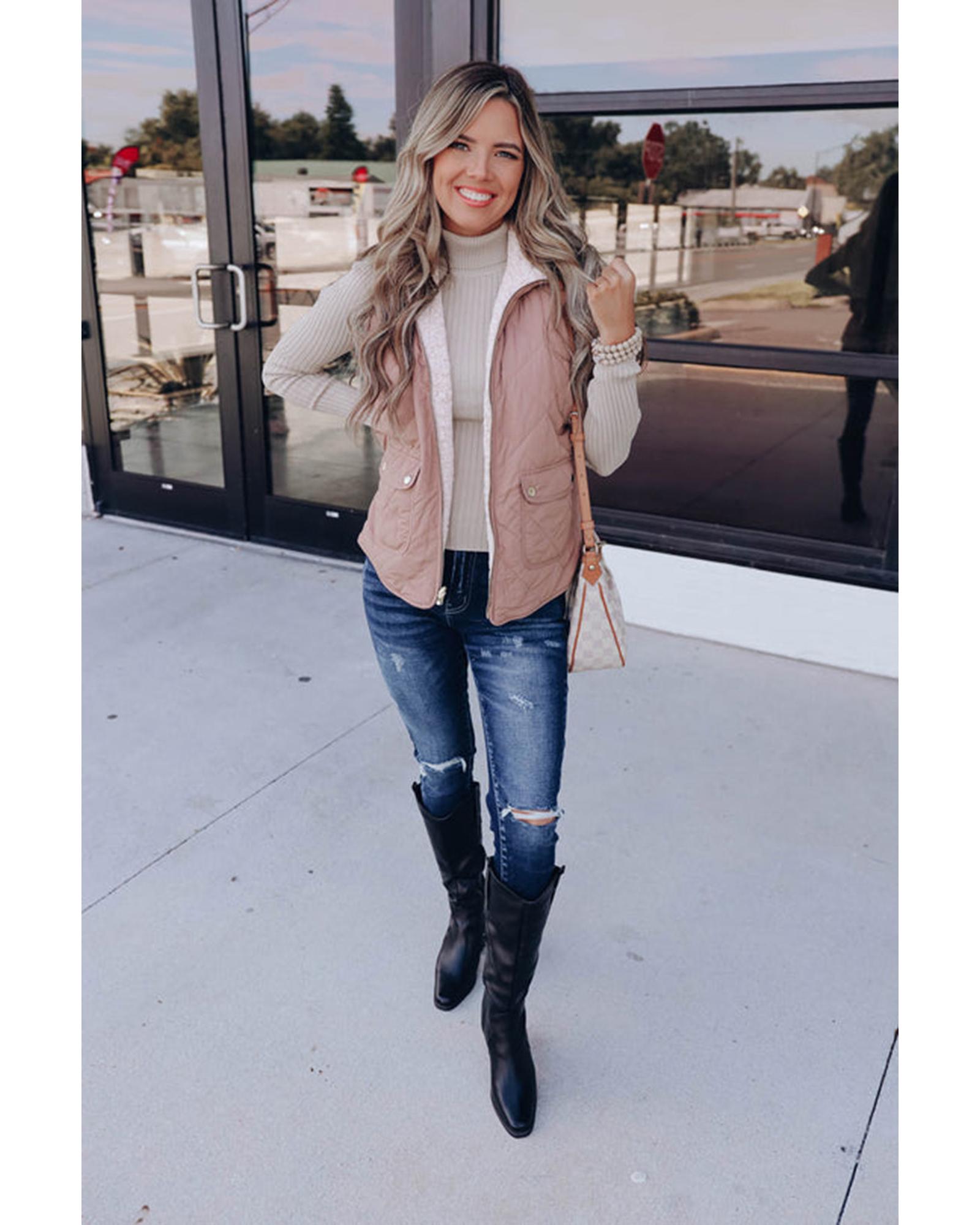 Pink Fleece Lined Quilted Vest Coats - L