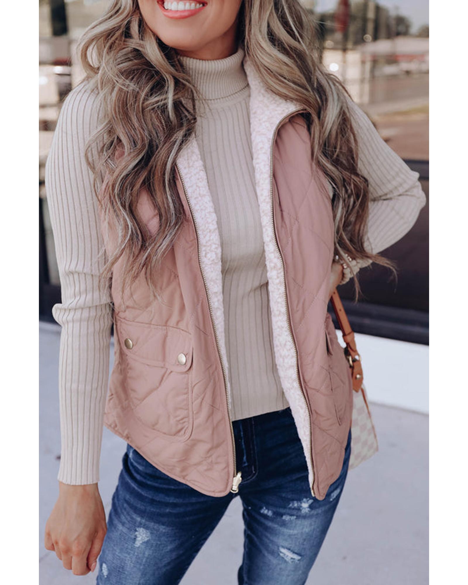 Pink Fleece Lined Quilted Vest Coats - L