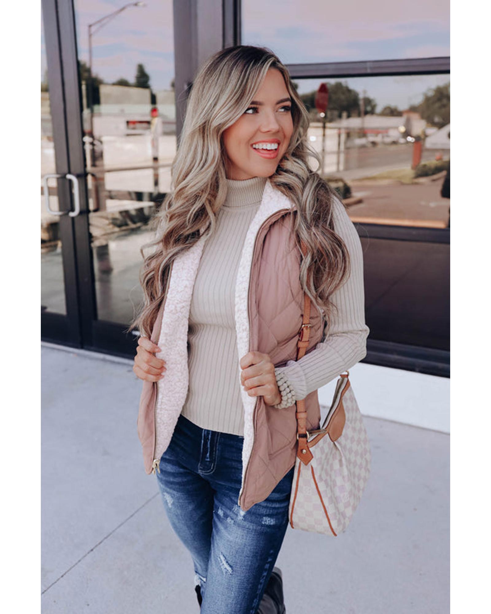 Pink Fleece Lined Quilted Vest Coats - S