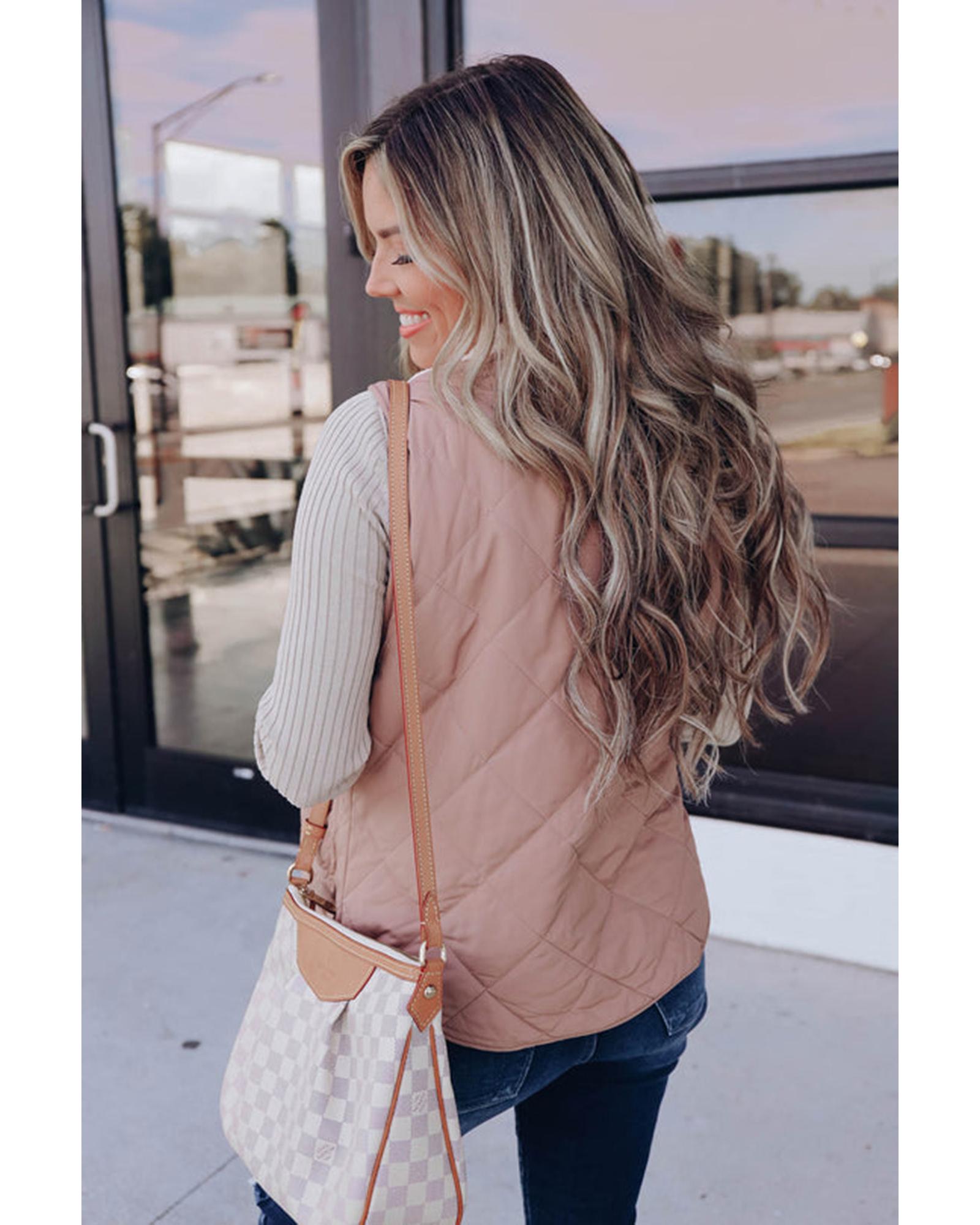 Pink Fleece Lined Quilted Vest Coats - S