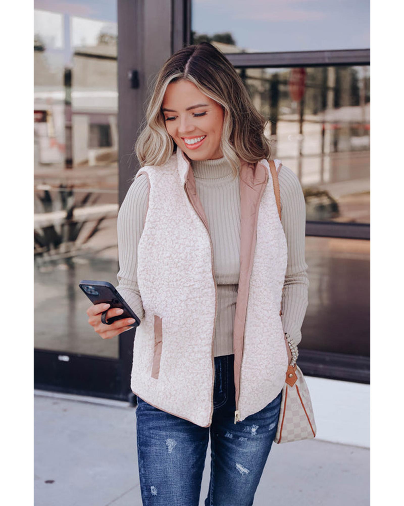 Pink Fleece Lined Quilted Vest Coats - XL