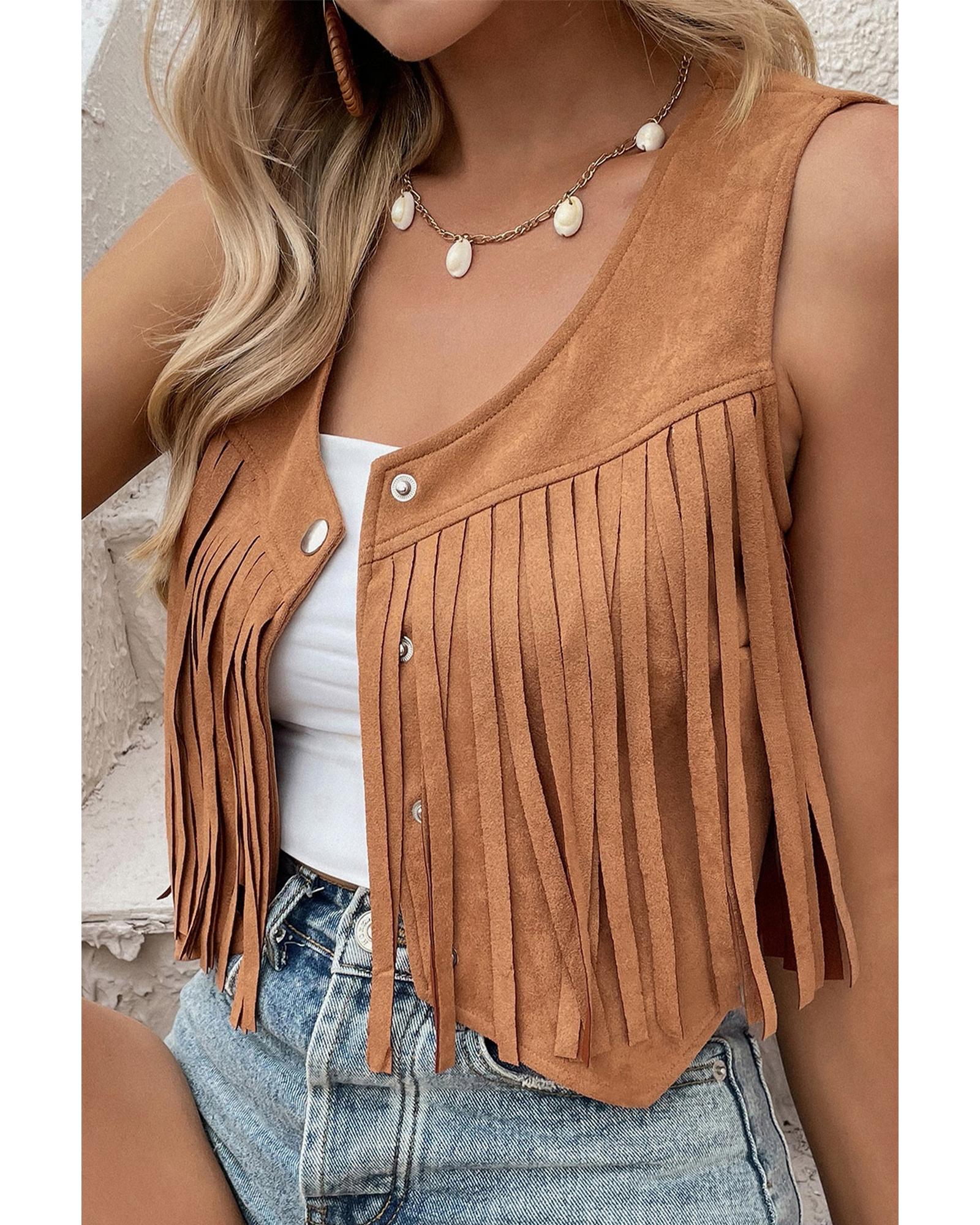 Camel Fringed Snap Button Front Suedette Vest - L