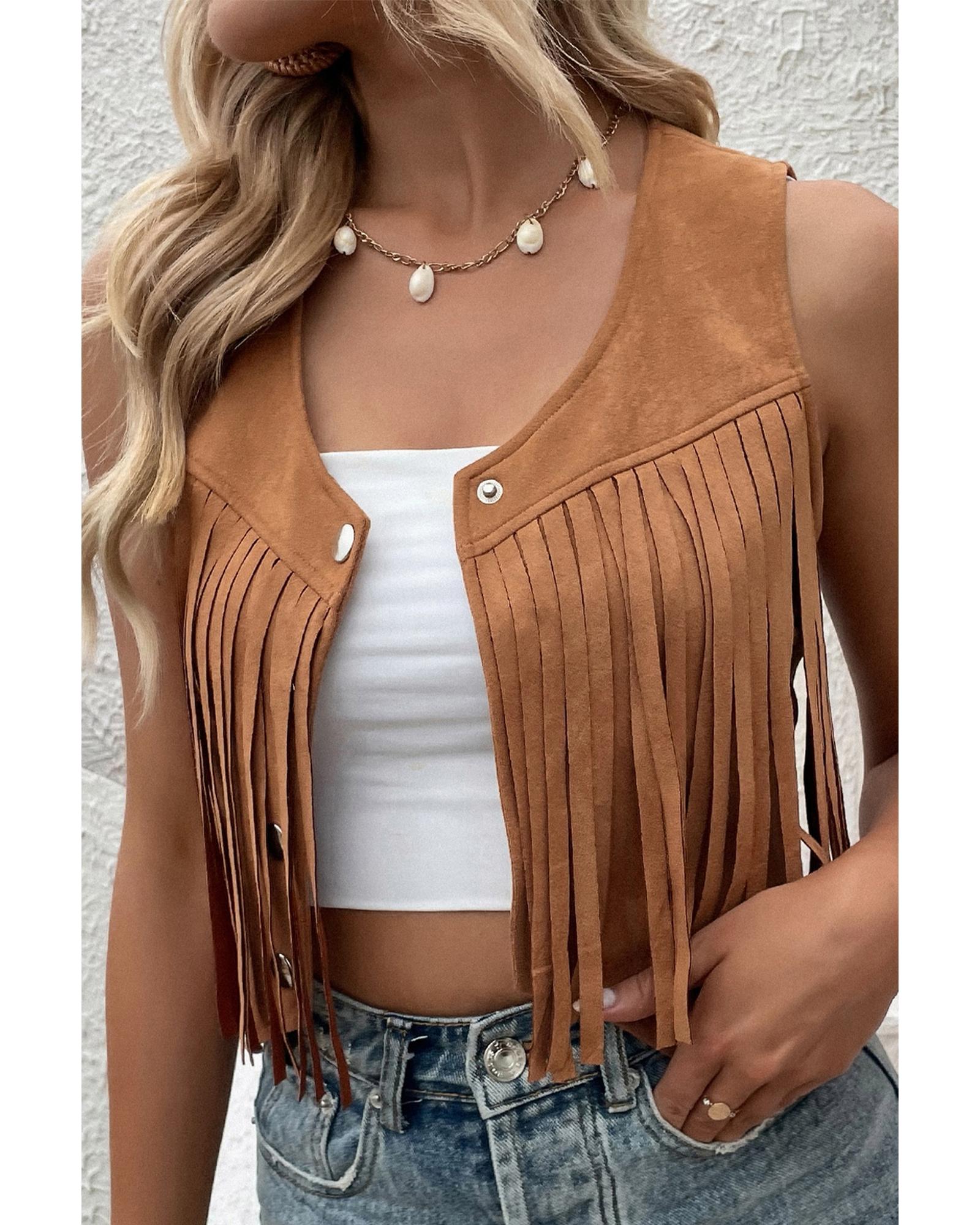 Camel Fringed Snap Button Front Suedette Vest - L