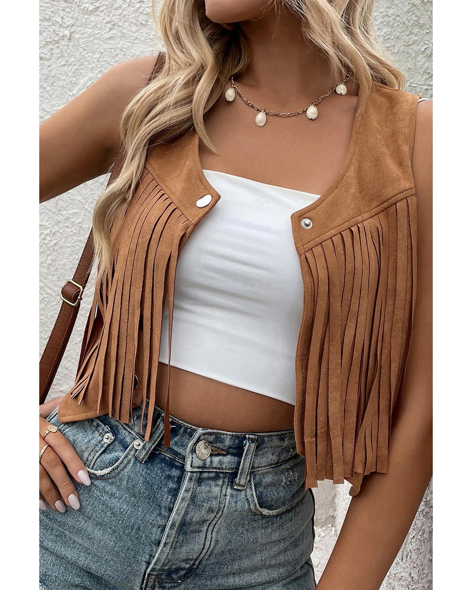 Camel Fringed Snap Button Front Suedette Vest - L