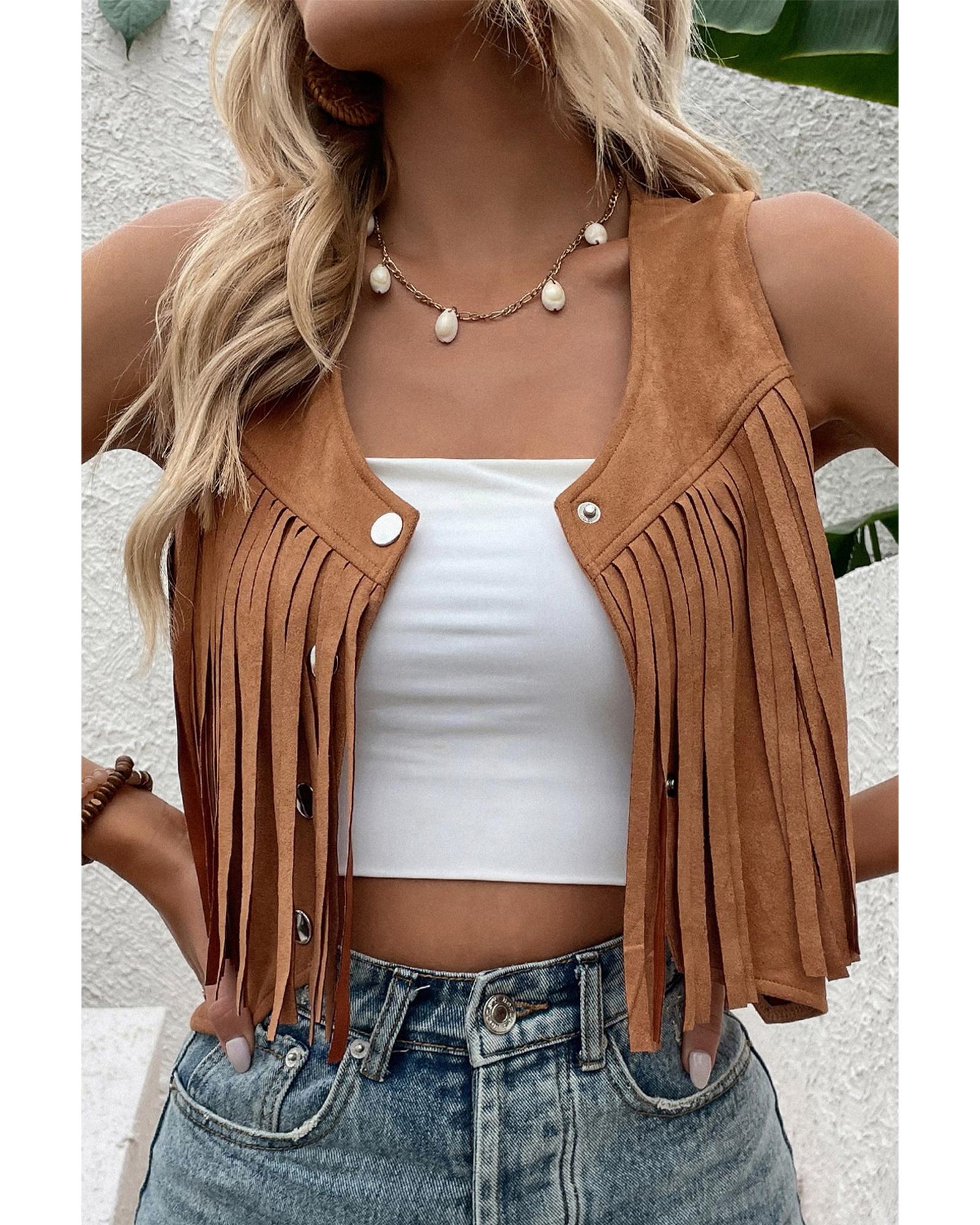 Camel Fringed Snap Button Front Suedette Vest - L