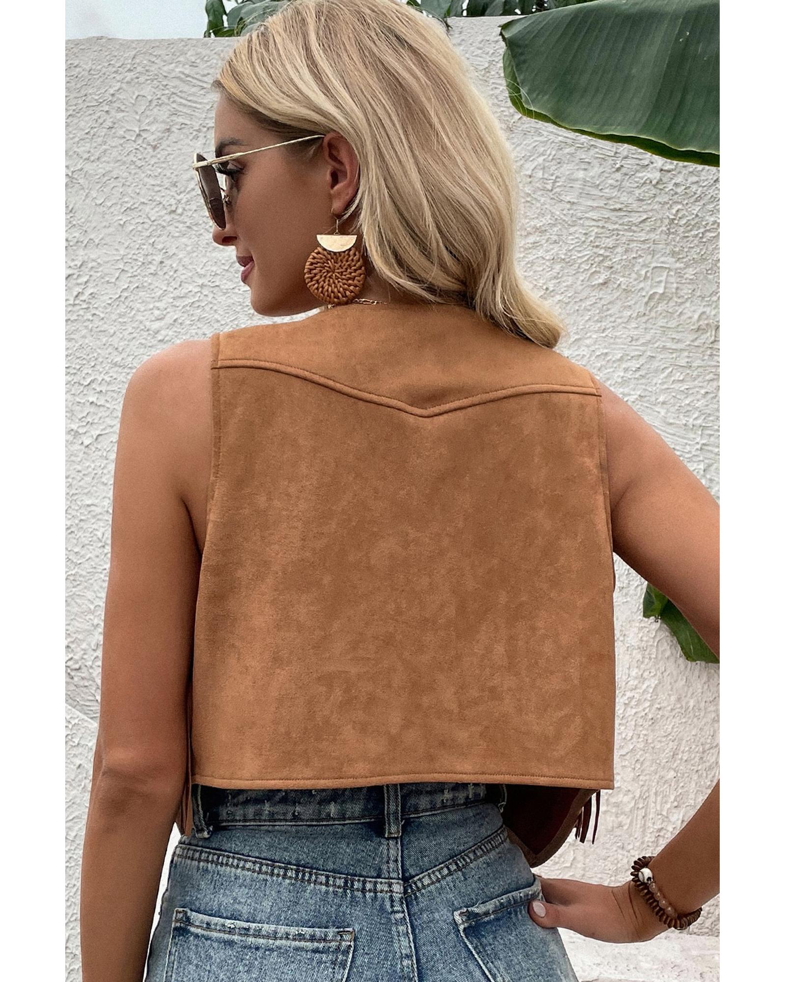 Camel Fringed Snap Button Front Suedette Vest - XL