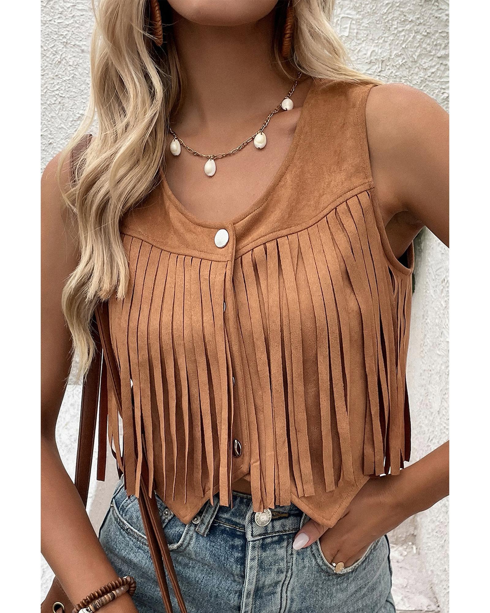 Camel Fringed Snap Button Front Suedette Vest - XL