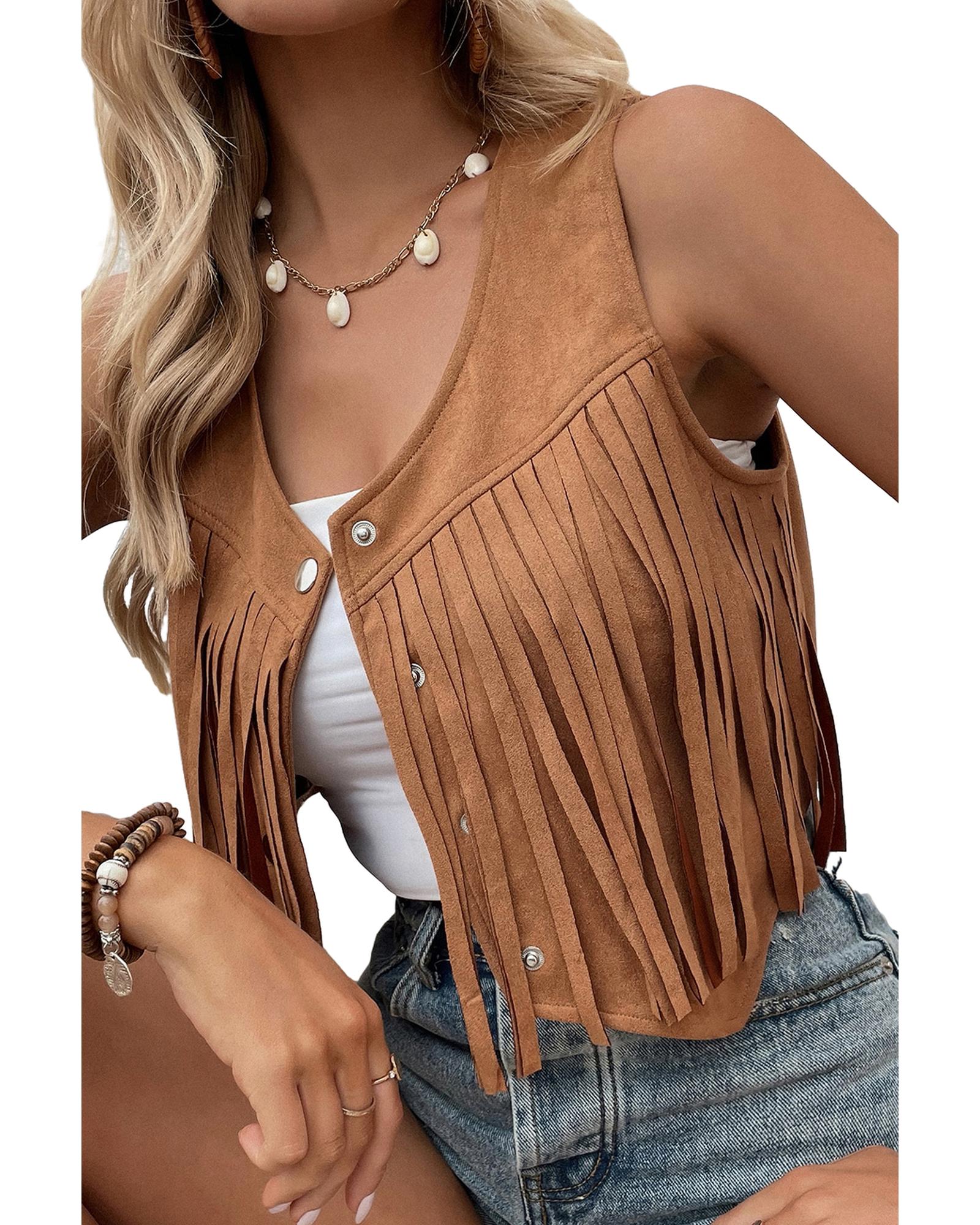Camel Fringed Snap Button Front Suedette Vest - XL