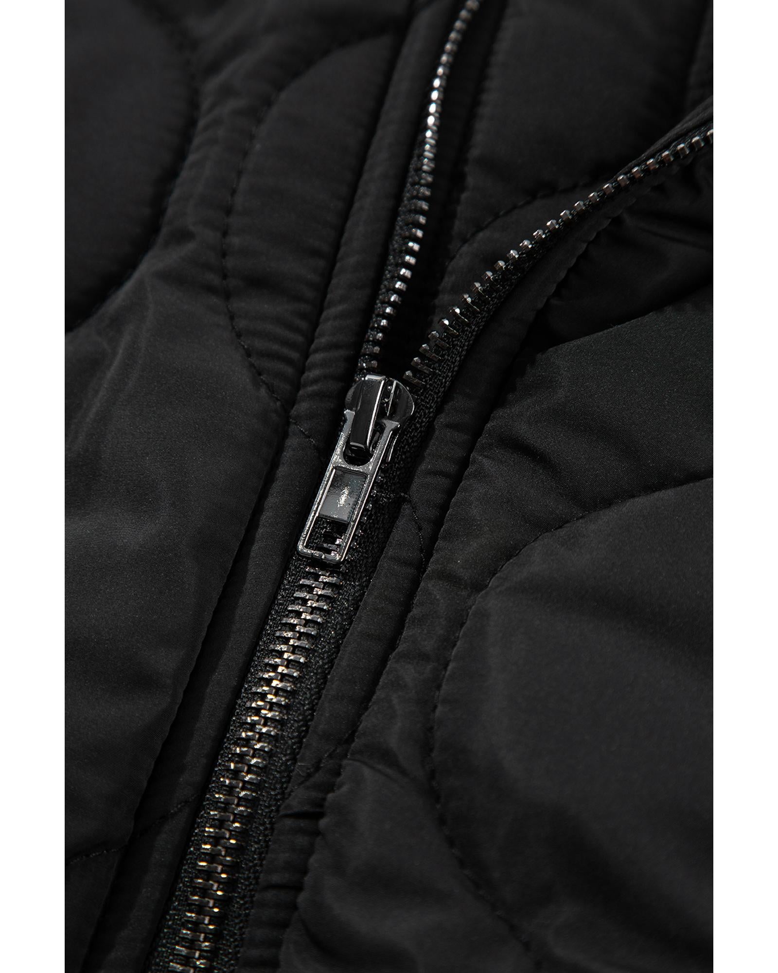 Black Quilted Drawstring Hooded Zip Up Puffer Vest - M